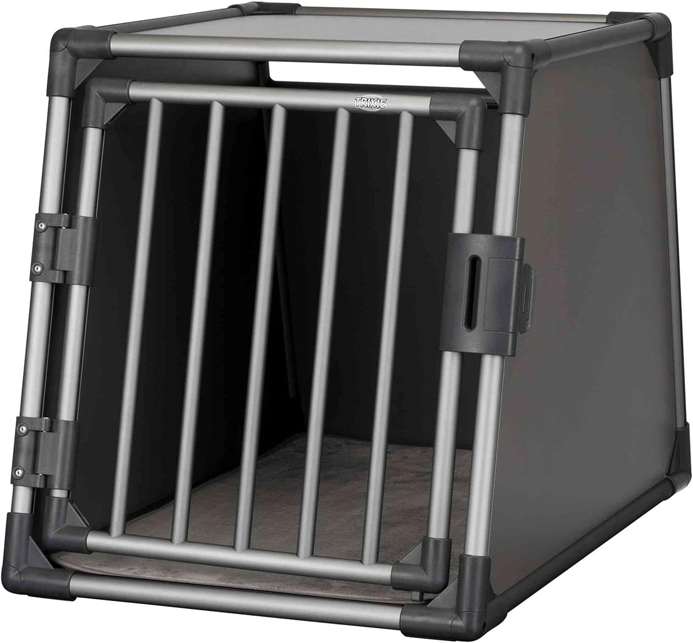 TRIXIE Hunde-Transportbox, Aluminium, L: 92 x 64 x 78 cm, grafit, rutschfste Liegematte, Klettleiste am Boden, Sicherheitsverschluss, stabil und geruscharm, hochgeschlossene Wnde - 39338