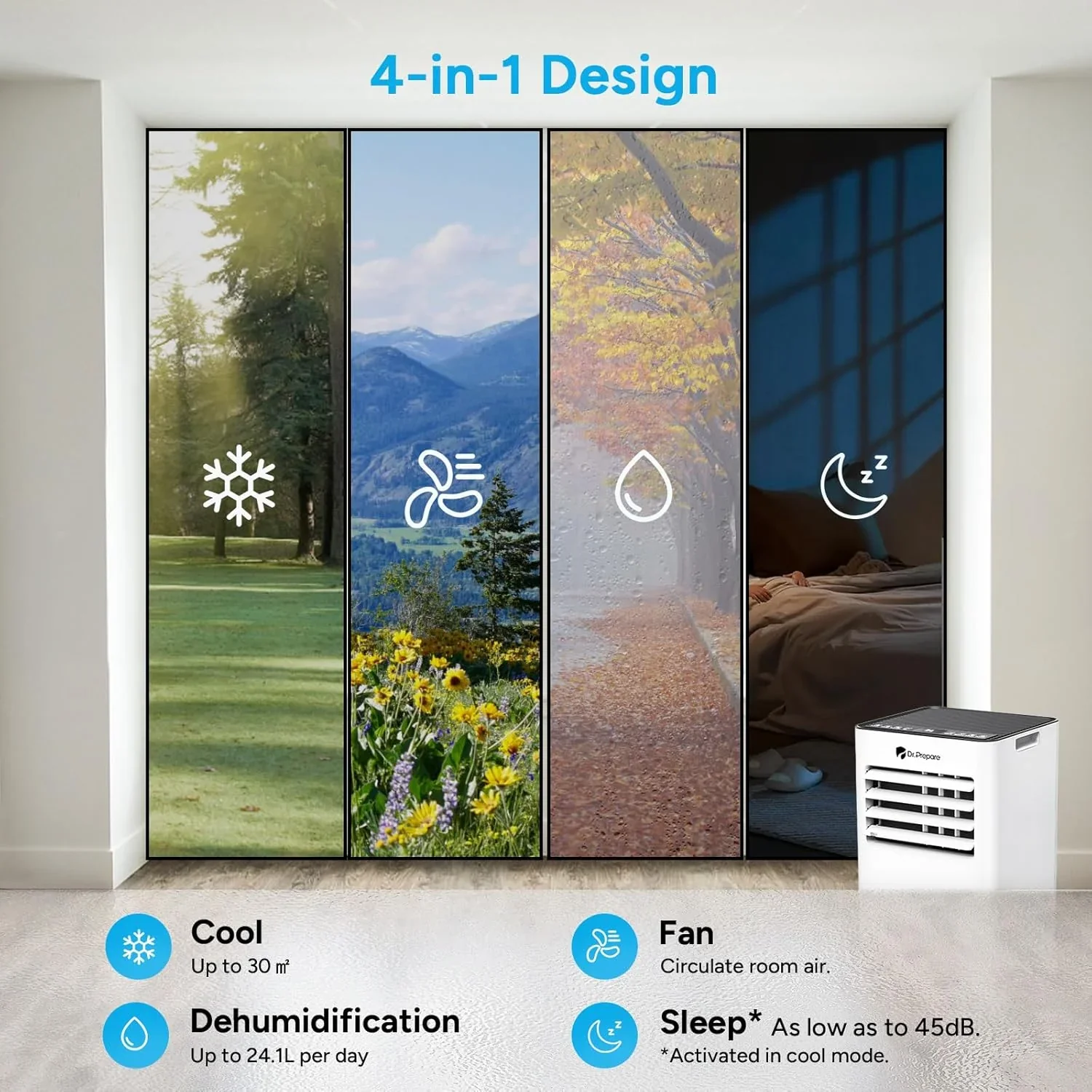DR.PREPARE Mobiles Klimager?t 9000 BTU mit APP, 4 in 1 Mobile Klimaanlage mit Abluftschlauch, K��hlen&Ventilieren&Entfeuchten, Ventilator & Schlafmodus mit Fernbedienung, K��hlt bis zu 30m2, 1-24H Timer
