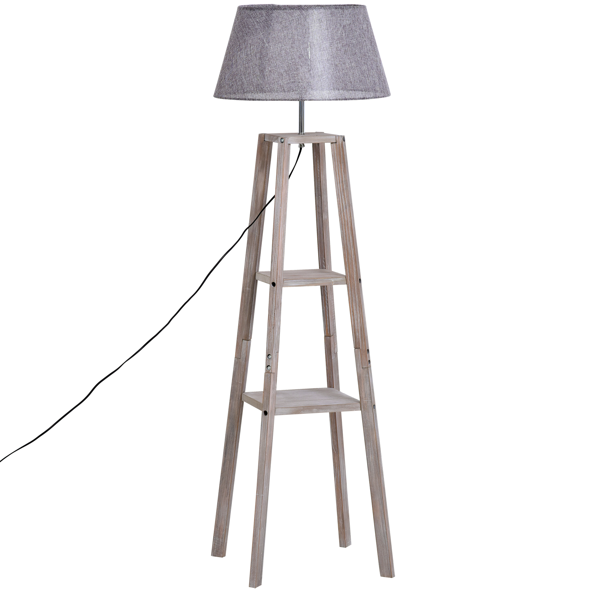 Staande lamp met schappen, Scandinavische schemerlamp, lamp, linnen, grenen hout, natuurlijk, grijs, 45 x 45 x 148 cm schappen vloerlamp lamp grenen naturel grijs | Aosom.de