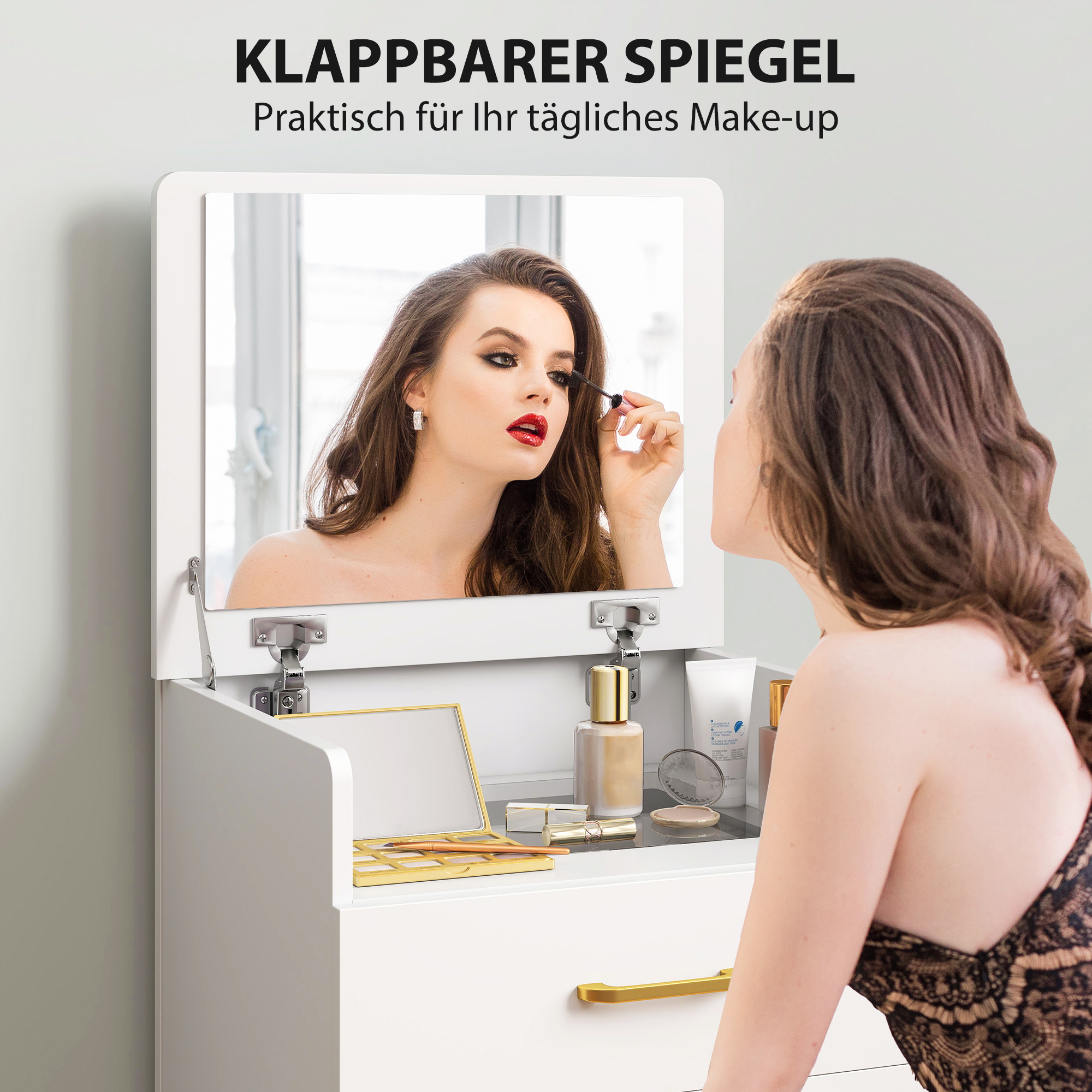 3-in-1 Make-uptafel met Spiegel, Nachtkastje, Rollende Kruk, Lades, Wit