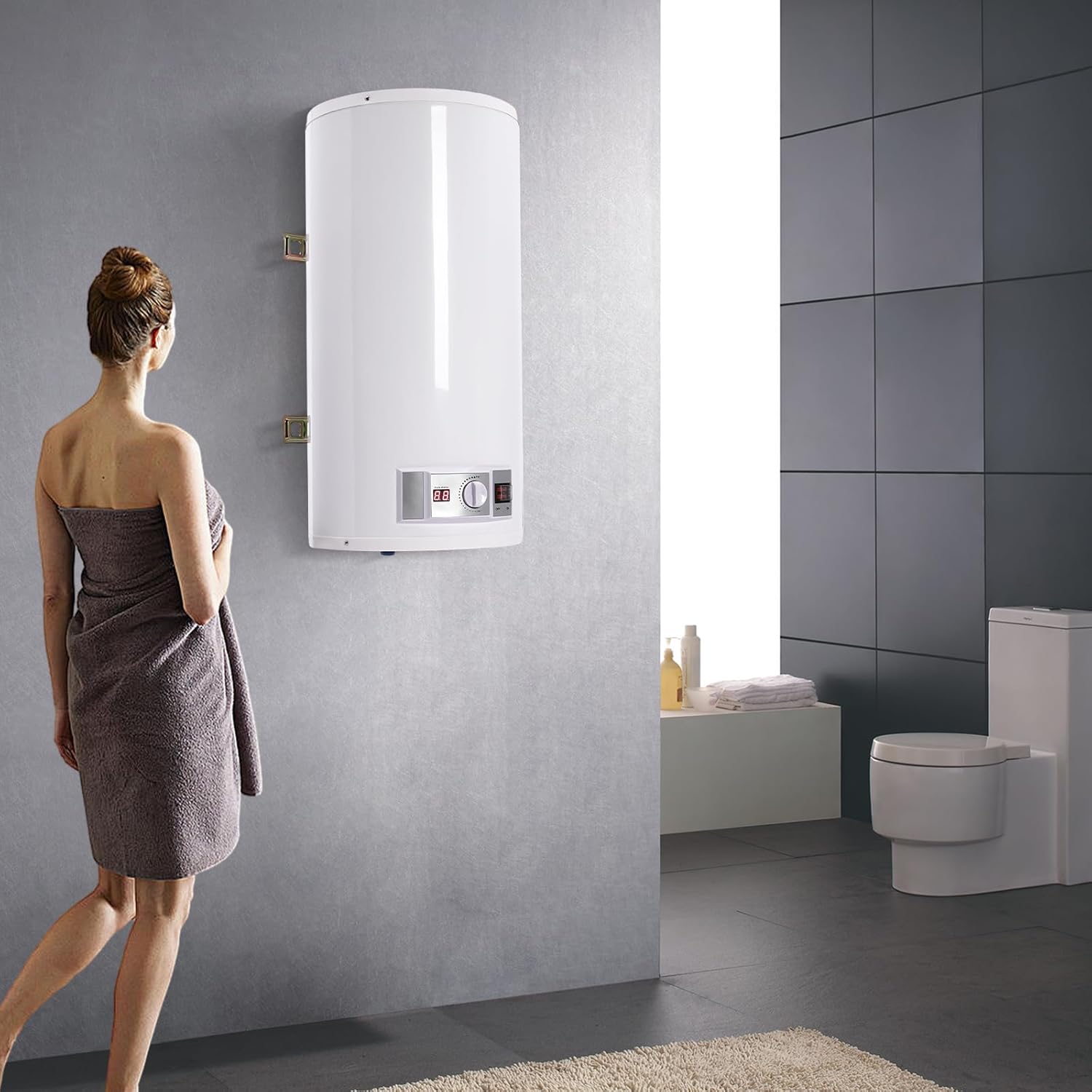 EU 50L Elektronischer Warmwasserbereiter, Durchlauferhitzer mit Temperaturanzeigefeld und Leckage-Schutz, Elektrischer Wassererhitzer bis 75℃ mit Handbrause Wasserhahn für Küchen Toiletten, 71 * 34cm