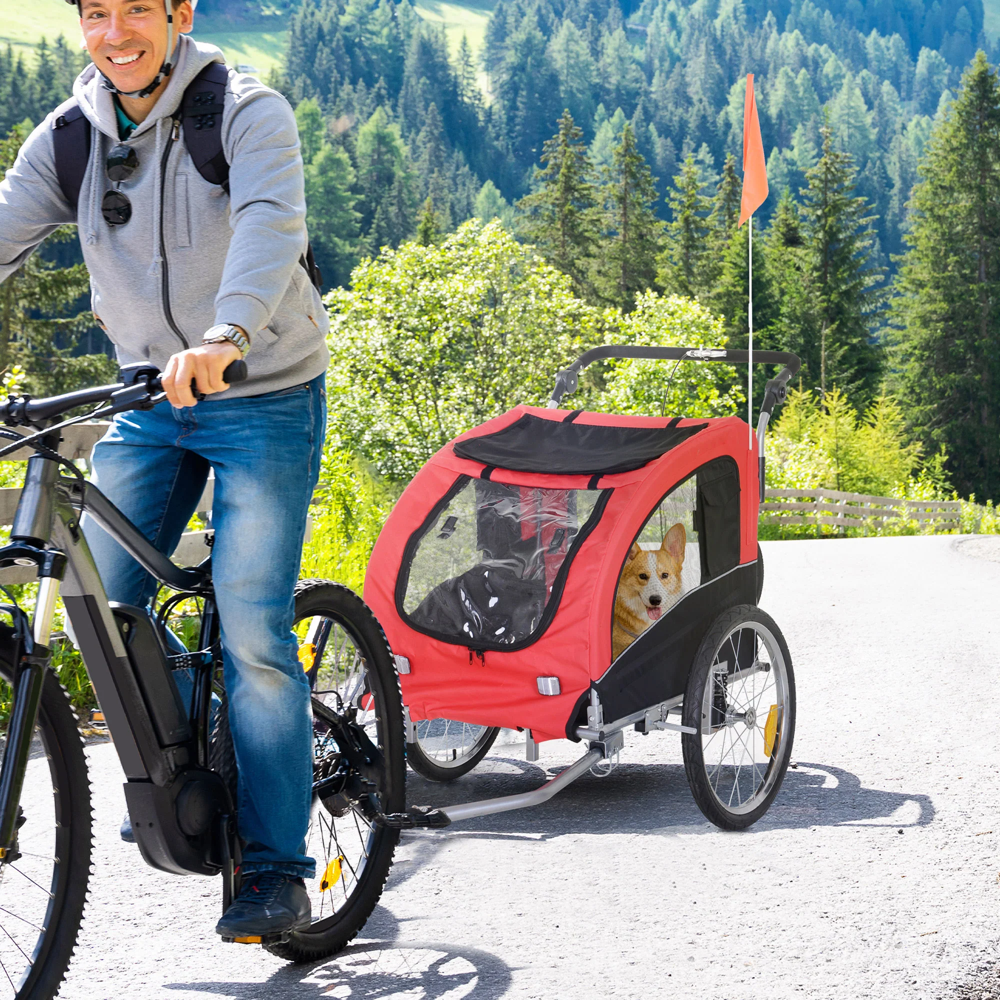 PawHut 2 in 1 hondenaanhanger fietskar jogger vlag regenhoes voor honden Rood