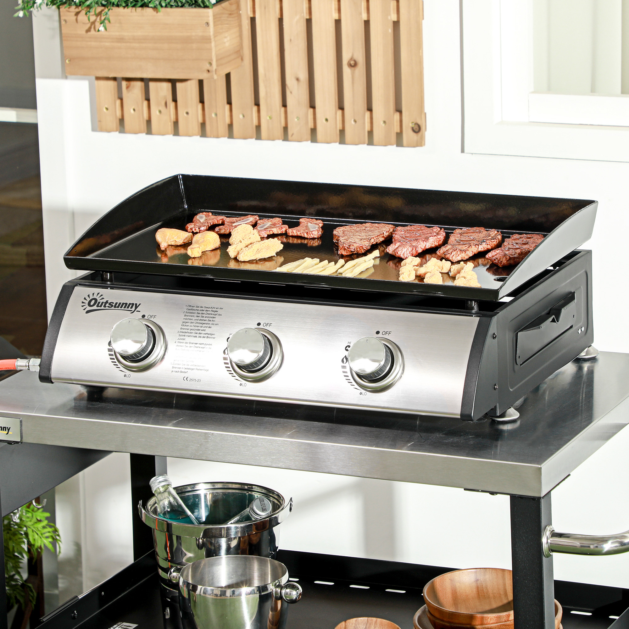 Gasbarbecue met Deksel, 3 Branders, Vetopvangbakje, antikleef-plaat, 63x47x25 cm, Zwart/Zilver