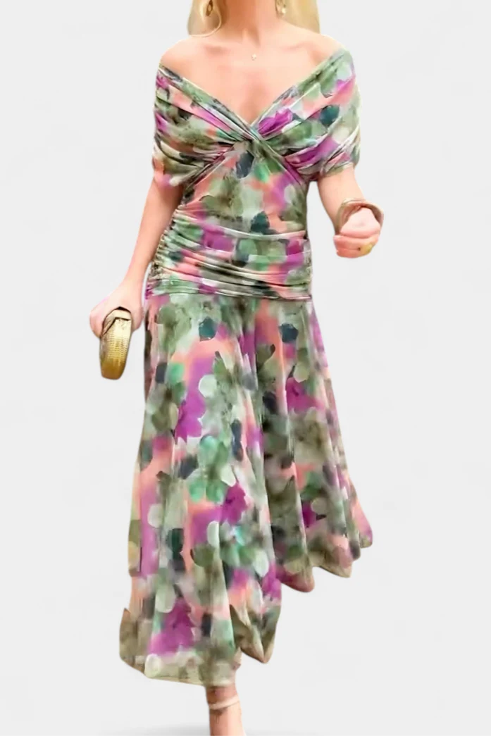 Schulterfreies gerafftes Maxikleid f��r Hochzeitsg?ste