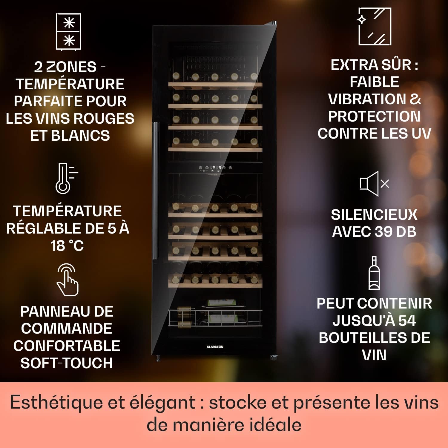 Klarstein Cave a Vin, Réfrigérateur à Vin sur Pieds avec Porte en Verre, Cave à de Vieillissement, Prosecco, Bière, Ecran Tactile, Réfrigérateur Bar, Frigo, Protection UV, 5-18°C, 77 Bouteilles