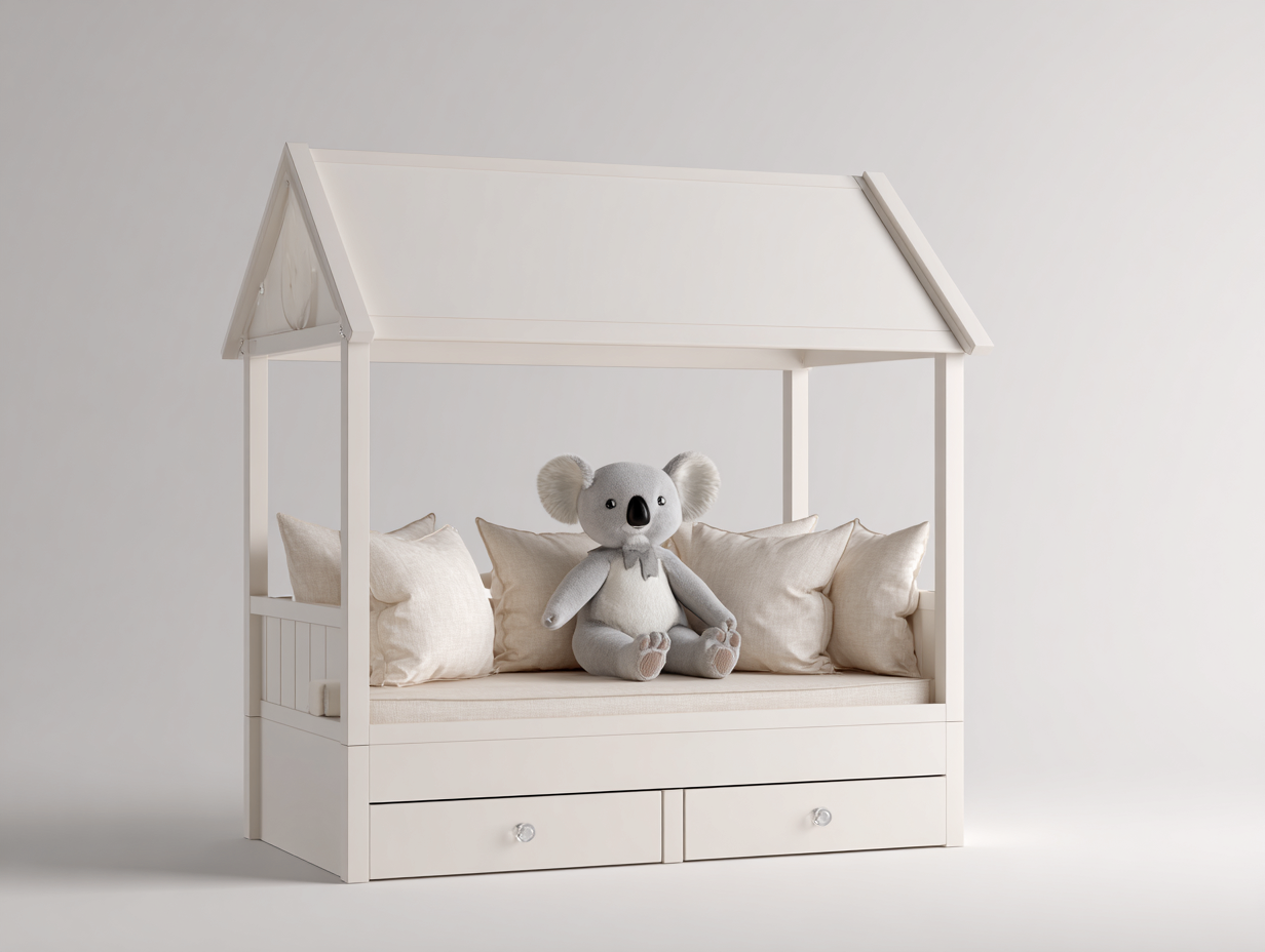 Hausbett-Holzrahmen-160x80x145cm-Weiß-Schubladen-MinimalistischesDesign