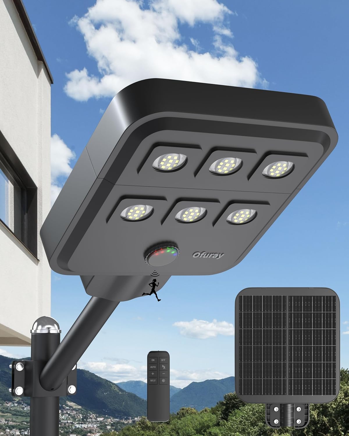Ofuray Of-5000W Solar Straßenlaterne mit Bewegungssensor, 60 LEDs, 6500K, IP67 Wasserdichte, Led Solarstrahler Außen, Solarlampen für Außen für Gärten Garage Straßen
