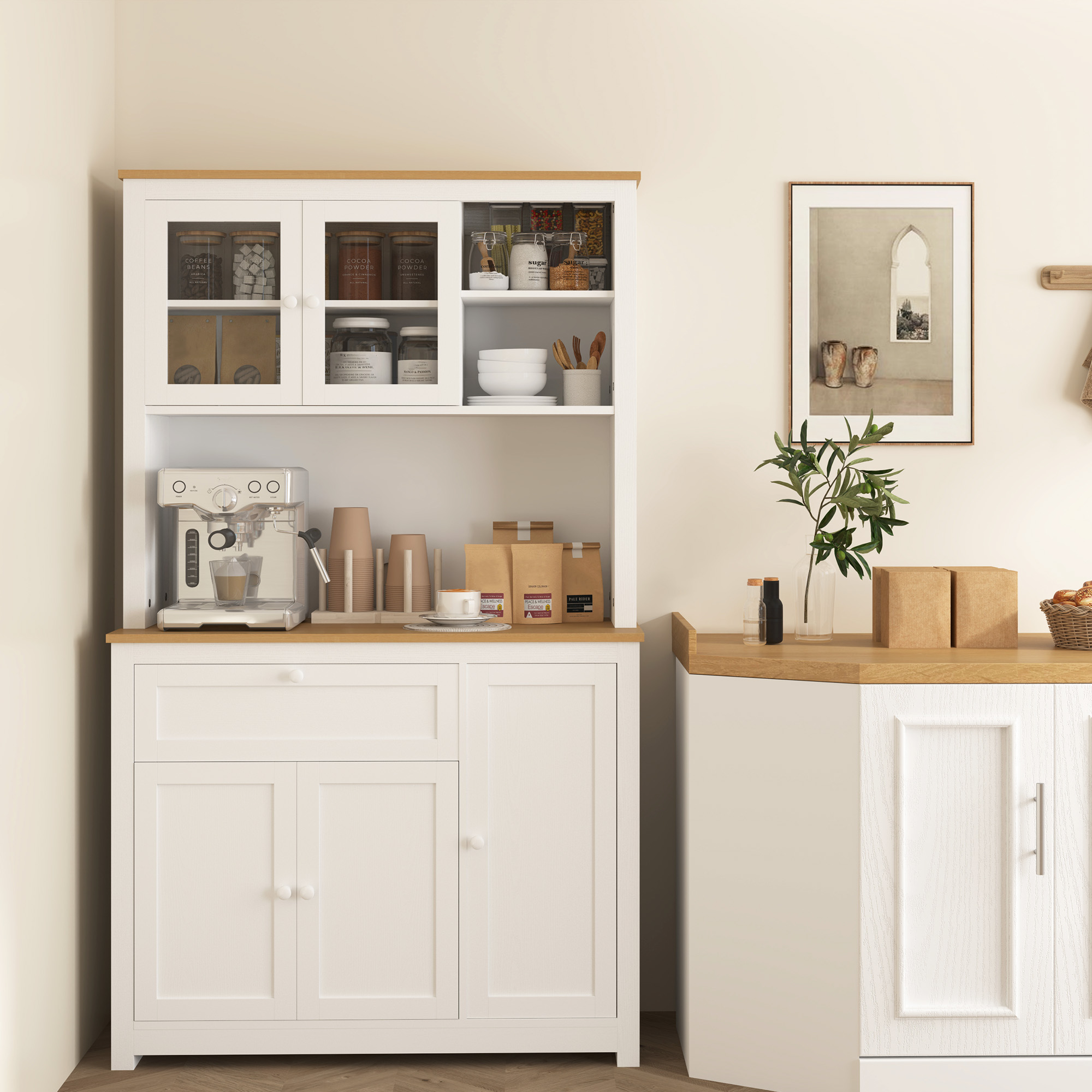 Landhuisstijl Keukenkast, 1 Vitrine, 1 Open Schap, 1 Lade, 2 Kasten, Natuur + Wit
