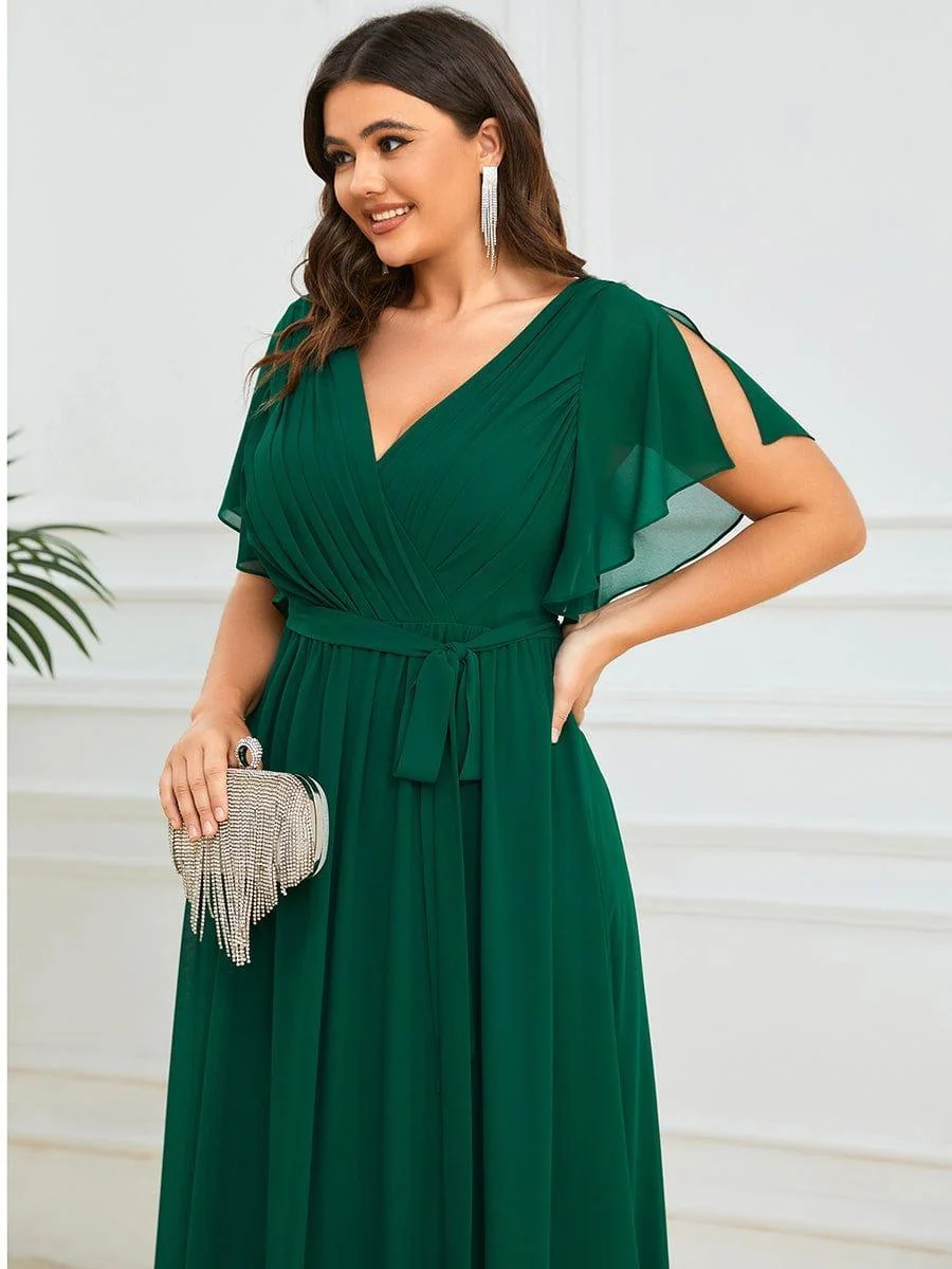Abendkleid Damen Maxi A-Linie aus Chiffon | Festliches Kleid f��r Hochzeitsg?ste mit V-Ausschnitt und Fl��gel?rmeln