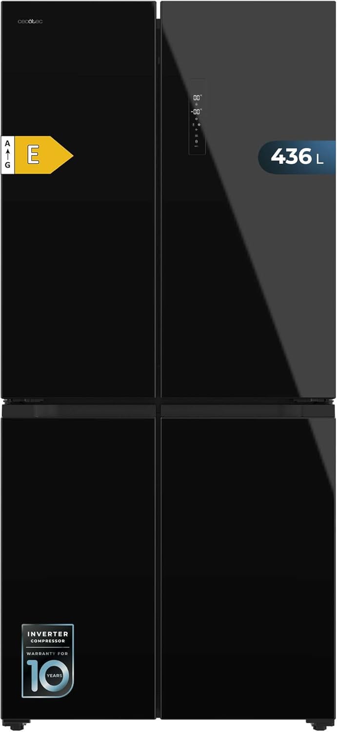 Cecotec Refrigerateur Congelateur 4 Portes Française Bolero CoolMarket 4D 436 Black Glass E. Réfrigérateur 436L, Total No Frost, MultiAirFlow, mode Vacances, alarmes et Metal Cooling