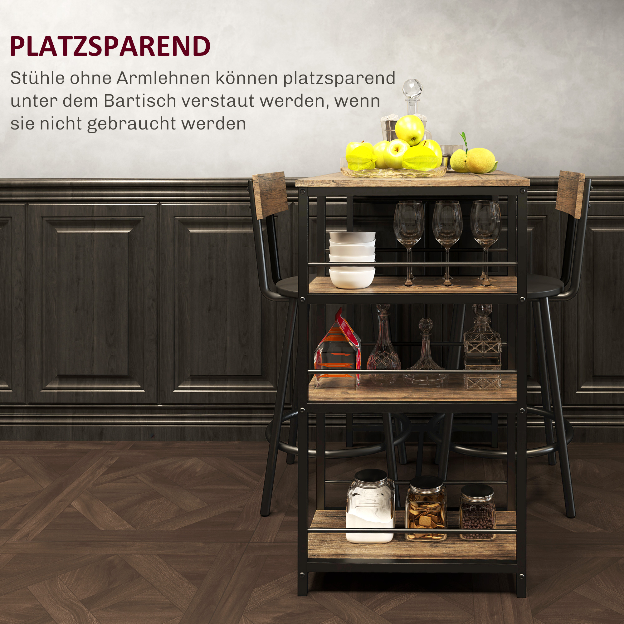3-delige Eetset met Bartafel en 2 Stoelen, Klein Keukenset met Zijplanken, MDF, Metaal, Zwart