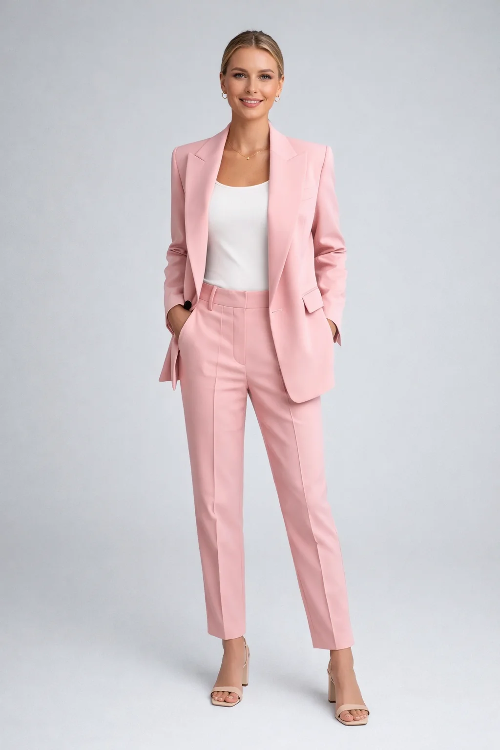 Damen Blazer Set mit Hose | Eleganter Hosenanzug f��r B��ro und Freizeit | Zweiteiler mit schmalem Revers und Knopfdetails