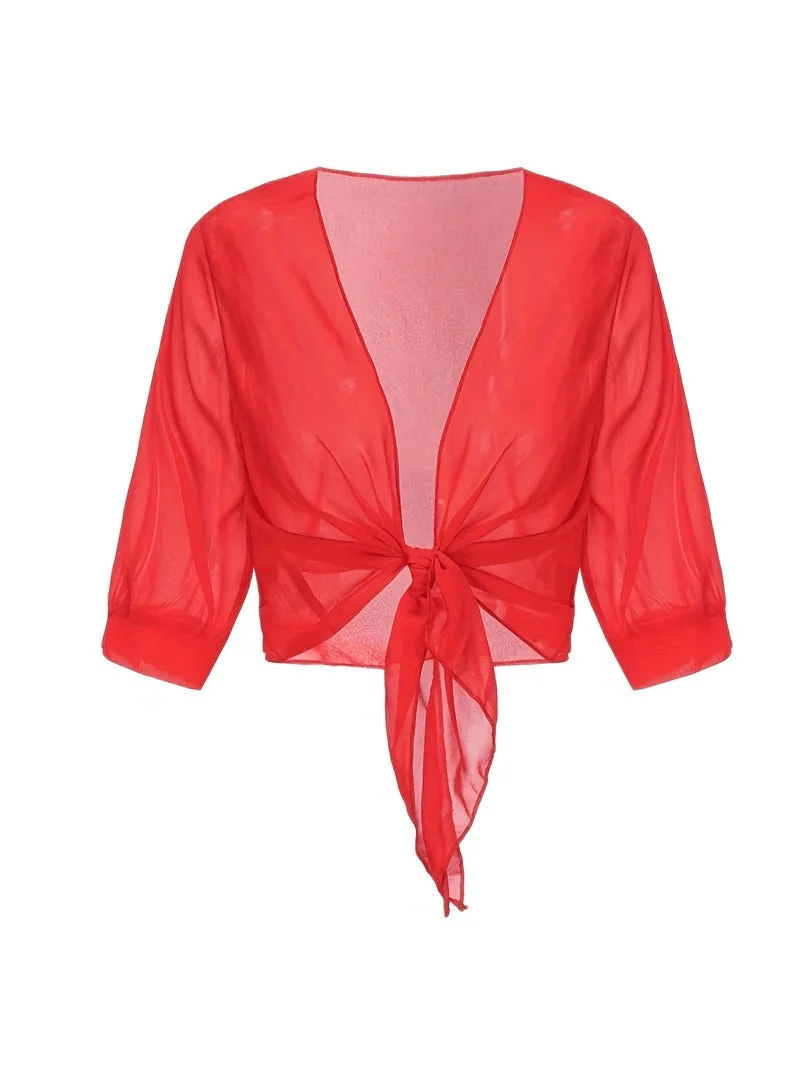 Transparente Damen-Bluse mit Bindeknoten und 3/4-?rmeln