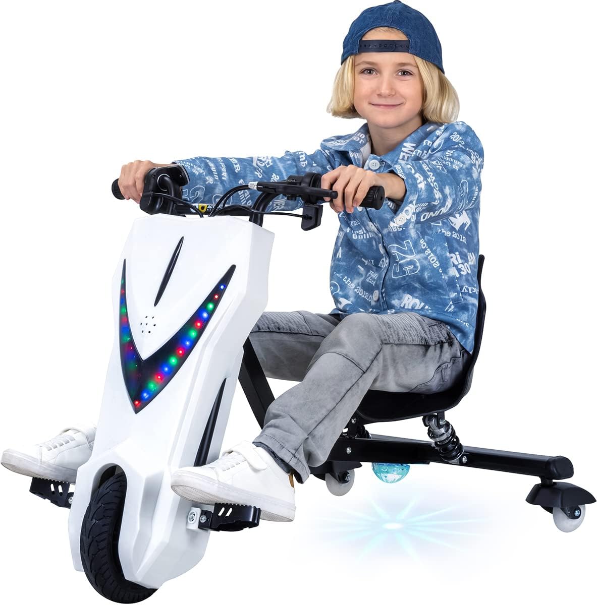 Actionbikes Motors Kinder Elektro Driftscooter | 𝟐𝟓𝟎 Watt Motor - Drift Cart 360°- 3 Geschwindigkeitsstufen - LED-Beleuchtung - Sitz verstellbar - Bluetooth - Drift Kart - Drift Auto (Space Purple)