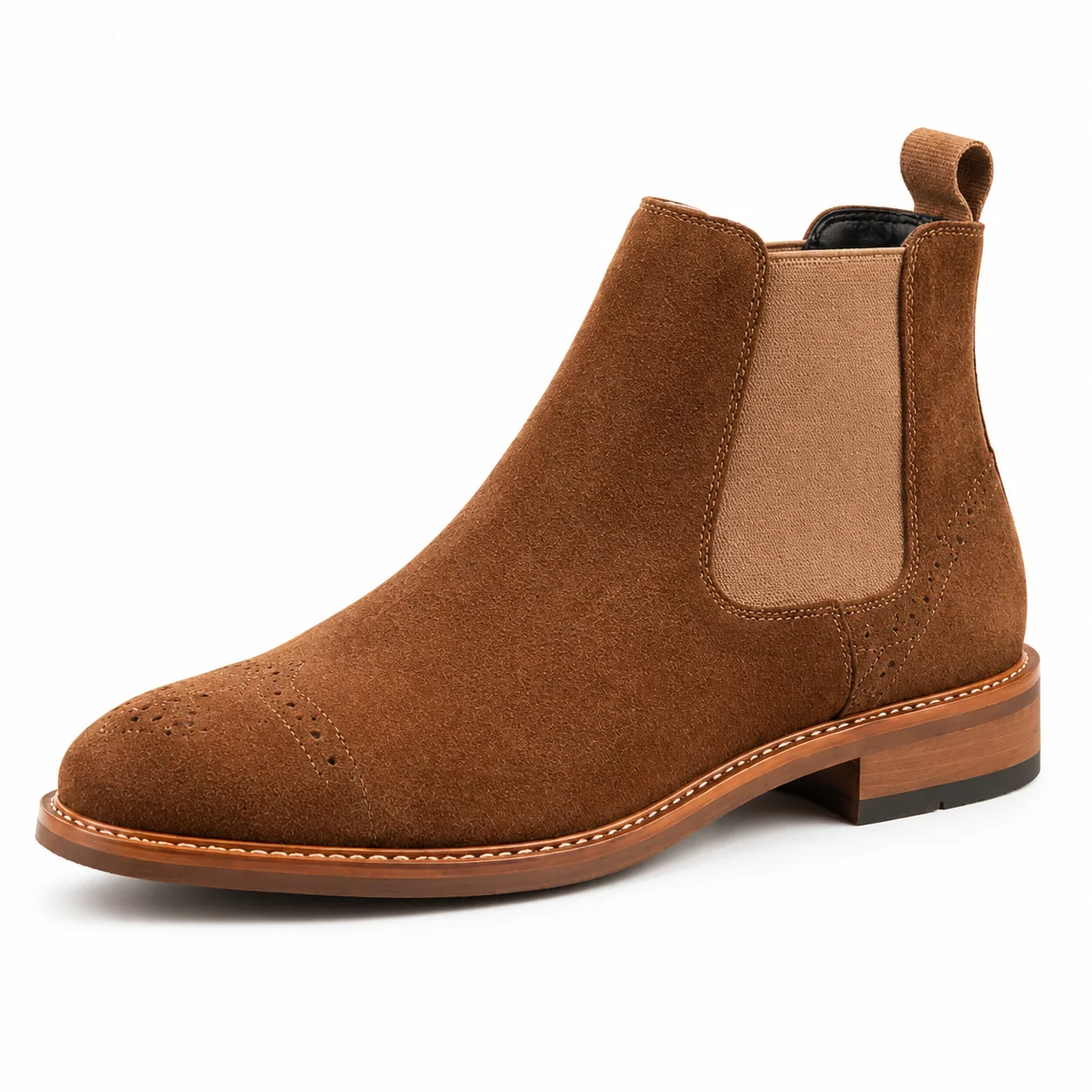 Men��s Tan Suede Chelsea Boots �C Brogue Cap Toe Design