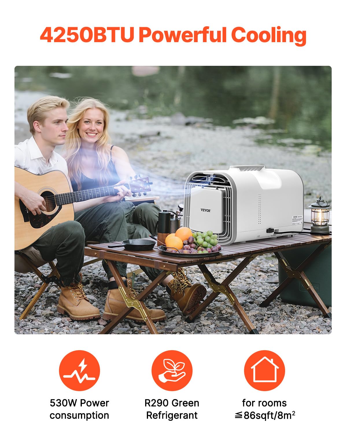 VEVOR Adjustable Portable Air Conditioner, 3 Speed, 1070 kcal, 24 Hour Timer, 16 to 32°C, AC/DC, Outdoor Camping, RV or Home Use, White, 510 x 270 x 315 mm