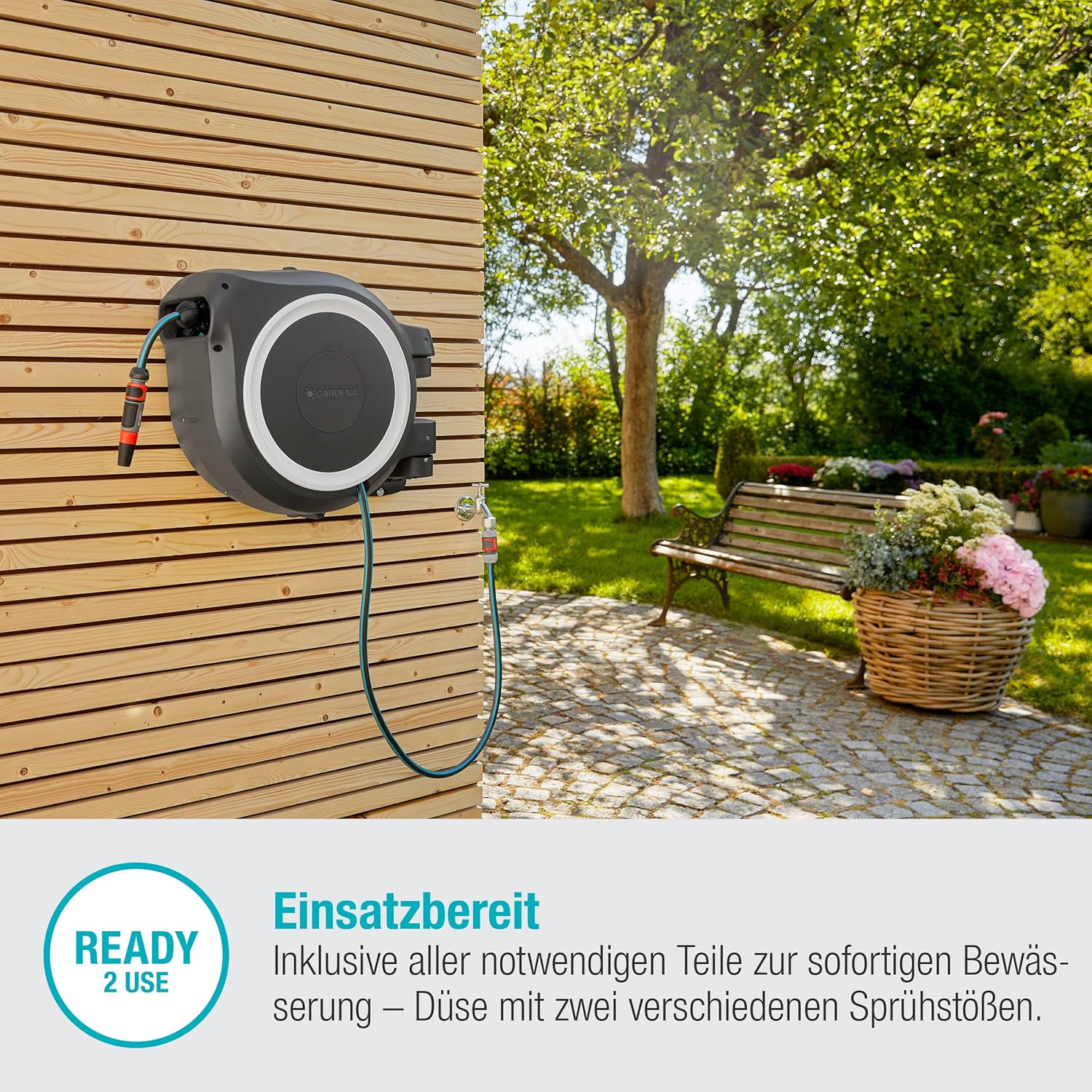 Gardena Wand-Schlauchbox RollUp L (weiß) 30 m exklusiv für Amazon: Schwenkbare Schlauchbox, integrierte Schlauchführung, inkl. 30 m Gardena Qualitätsschlauch, Reinigungsspritze und Brause (18627-38)
