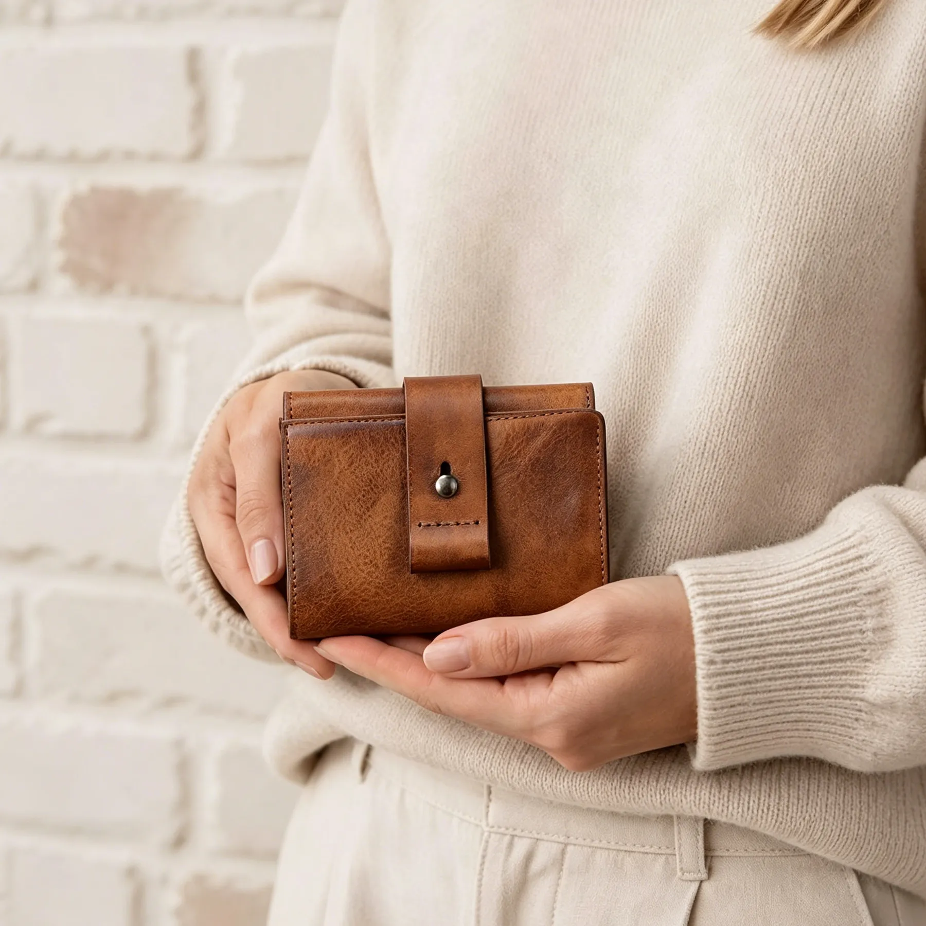 Full Grain Leather Snap Button Mini Trifold Wallet