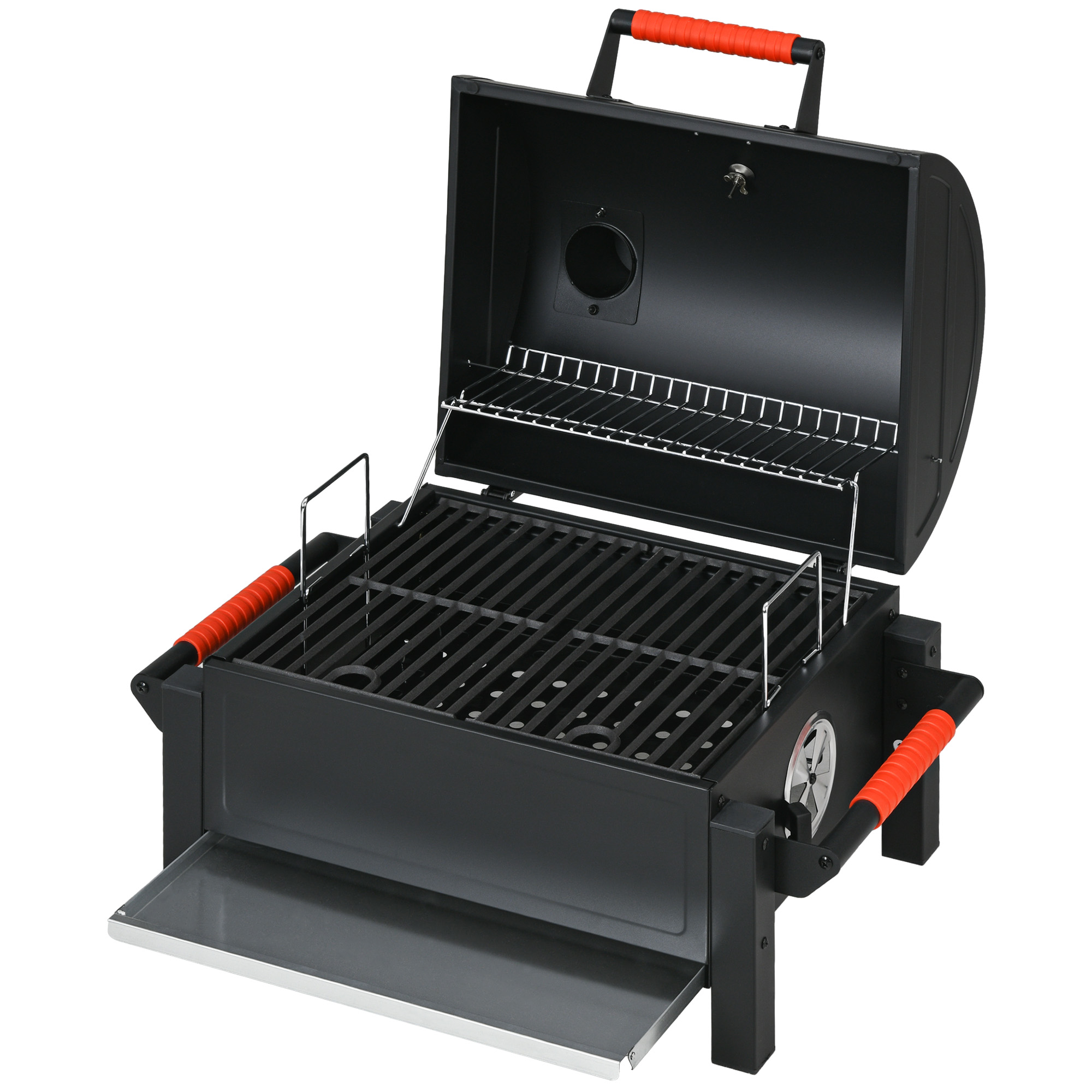Houtskoolgrill met Deksel, Warmhoudrooster, Aslade, Thermometer, Roestvrij, 68,5x50x54cm, Zwart/Rood