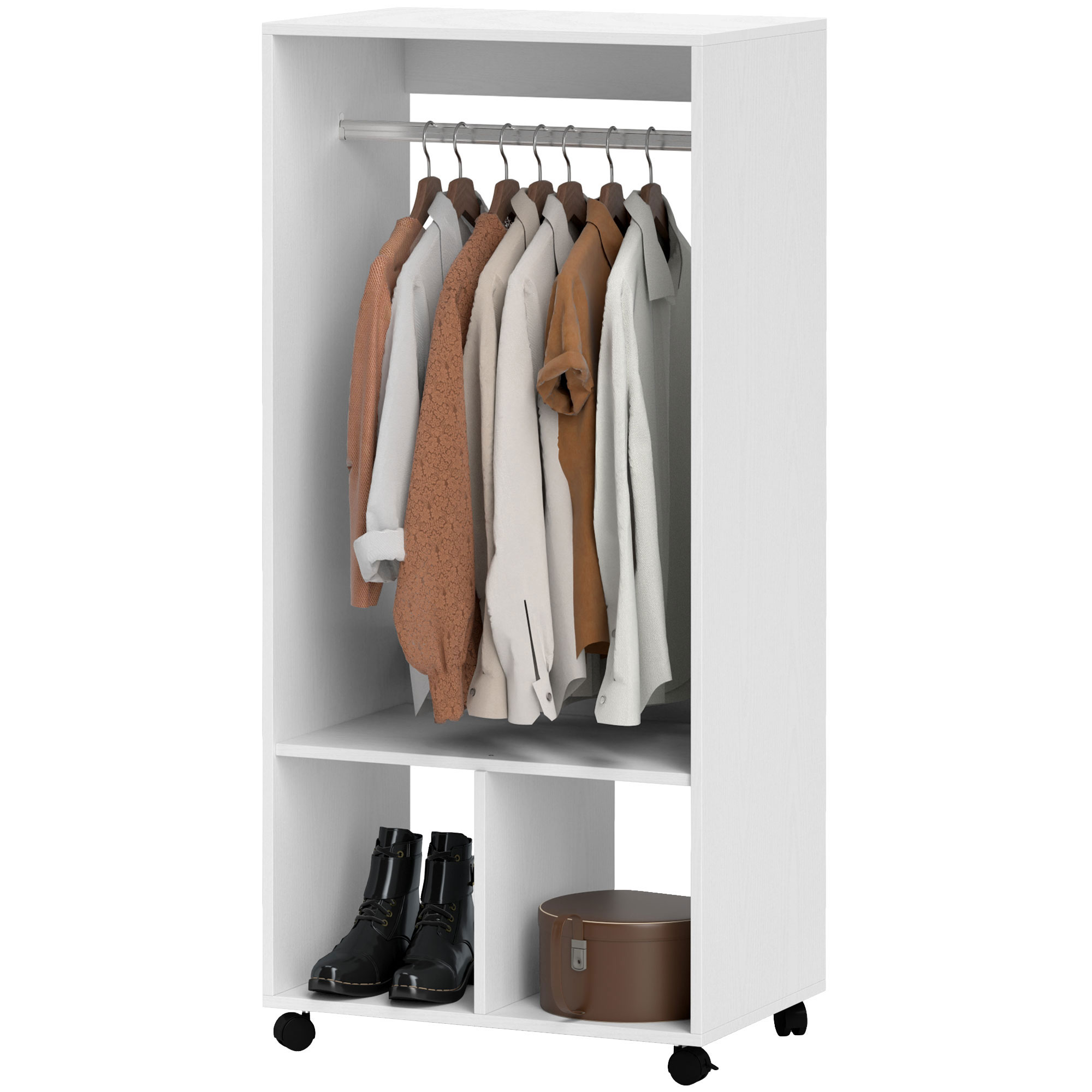 Kledingkast op Wielen,60 cm x 40 cm x 127 cm, 1 Kledingroede, 2 Planken, Wit