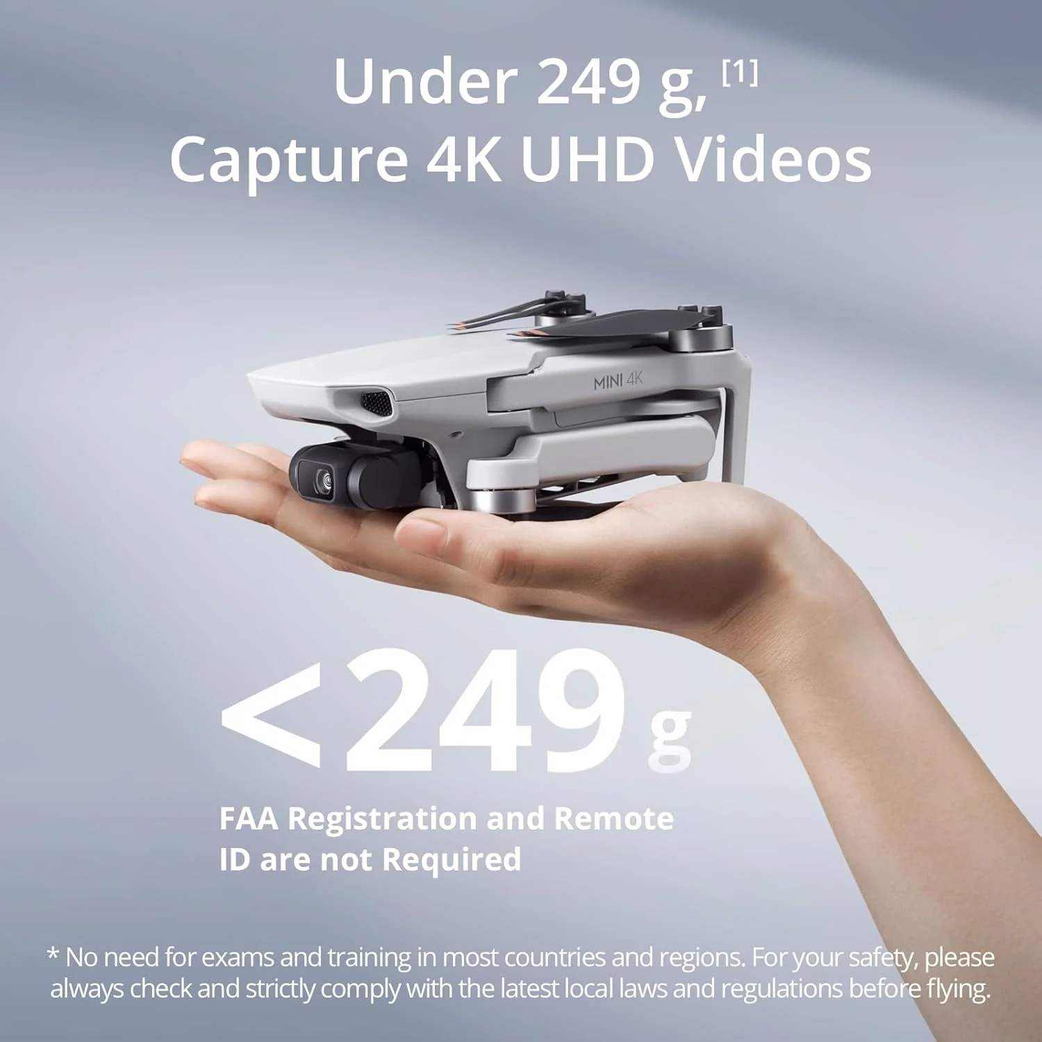DJI Mini 4K. Drone with 4K UHD Camera for Adults. Under 249 g. 3-Axis Gimbal Stabilization. 10km Video Transmission. Auto Return. Wind Resistance. 1 Battery for 31-Min Max Flight Time. Intelligent Flight