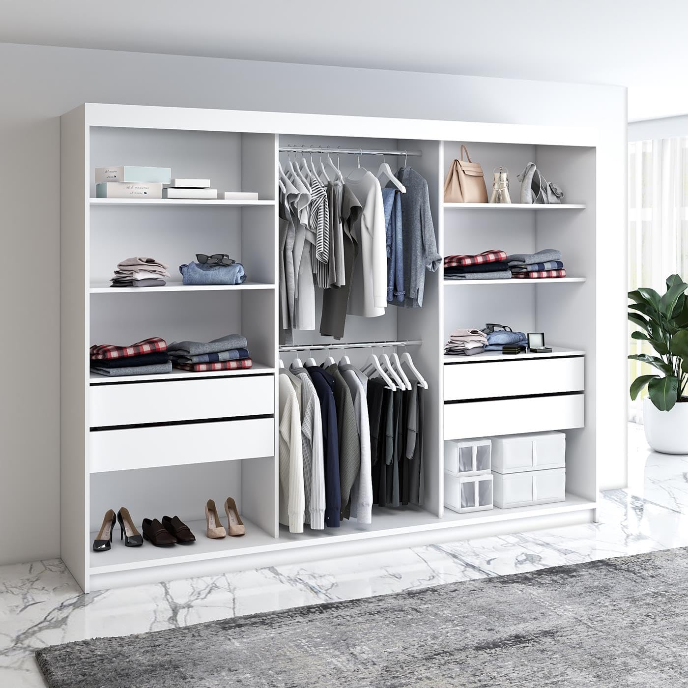 A&J MöbelLand Schwebetürenschrank VILUNO 2 Kleiderschrank 3-türig 200 cm mit Spiegel, 4 Schubladen & 2 Kleiderstangen, Geräumiger Schlafzimmerschrank (Schwarz)