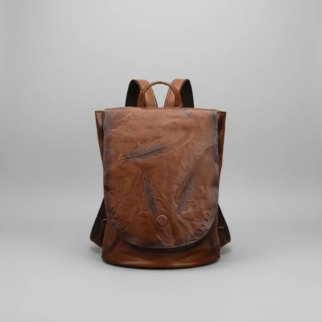 Vintage Embossed Feather Top Grain Leather Backpack