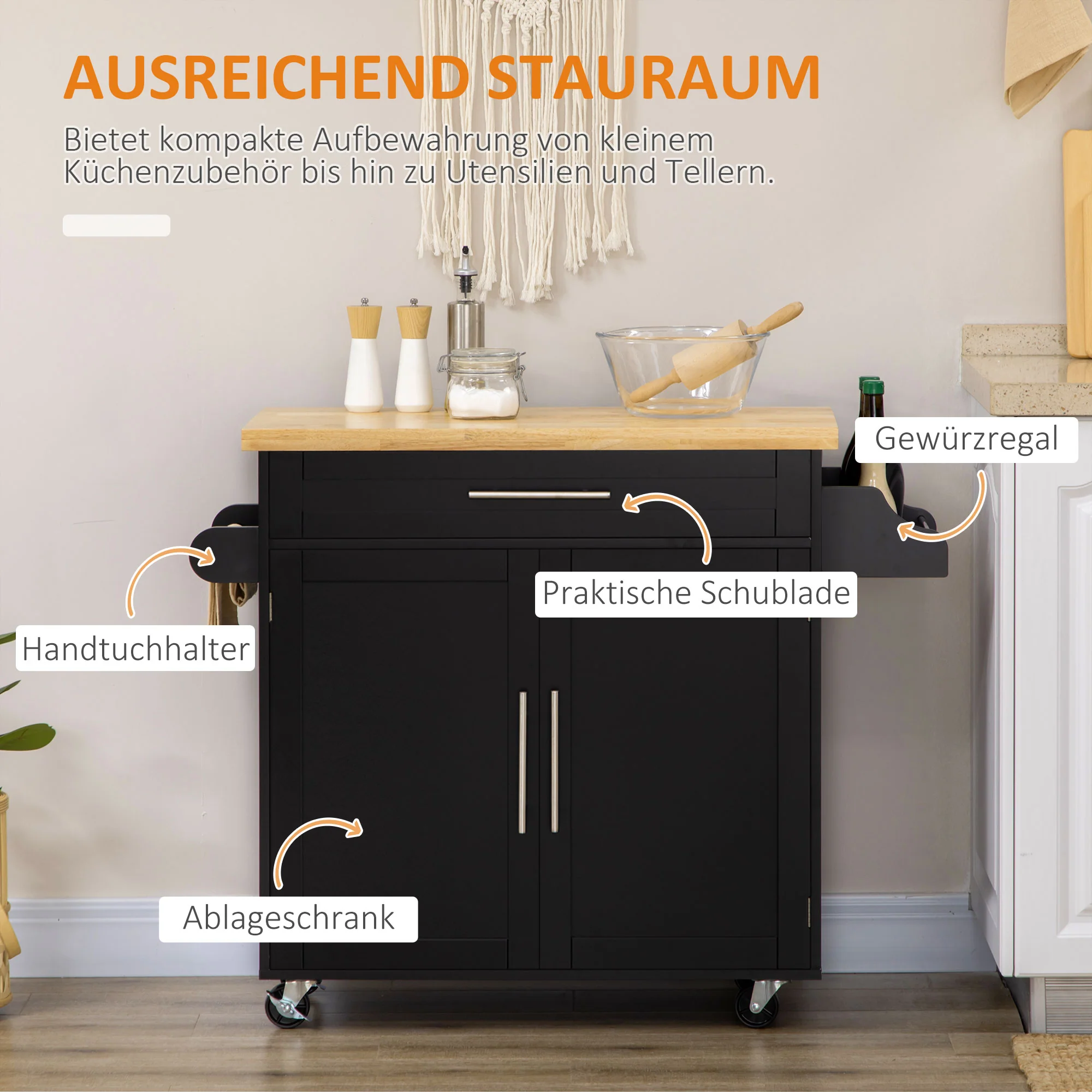 HOMCOM Keukentrolley Serveerwagen Keukenblok, 1 Kruidenrek, 1 Handdoekhouder, 109 cm x 40 cm x 89 cm, Zwart