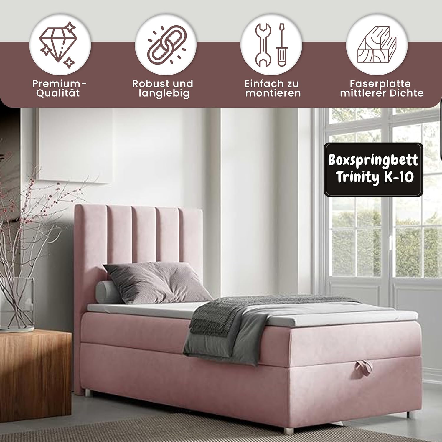 Trinity K10 Einzelbett | Boxspringbett mit Bonell Federkernmatratze | MatratzenTopper | Bett mit Stauraum