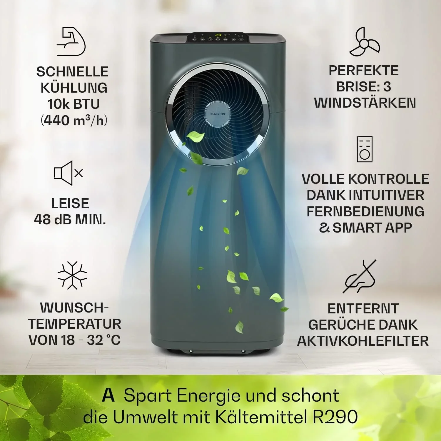 Klarstein Mobile Klimaanlage mit Abluftschlauch, 5-in-1 Klimager?t, Ventilator, Luftentfeuchter, Luftreiniger & Nachtmodus, App-Steuerung, Kleine & Portable, f��r Wohnung & B��ro, 12000 BTU