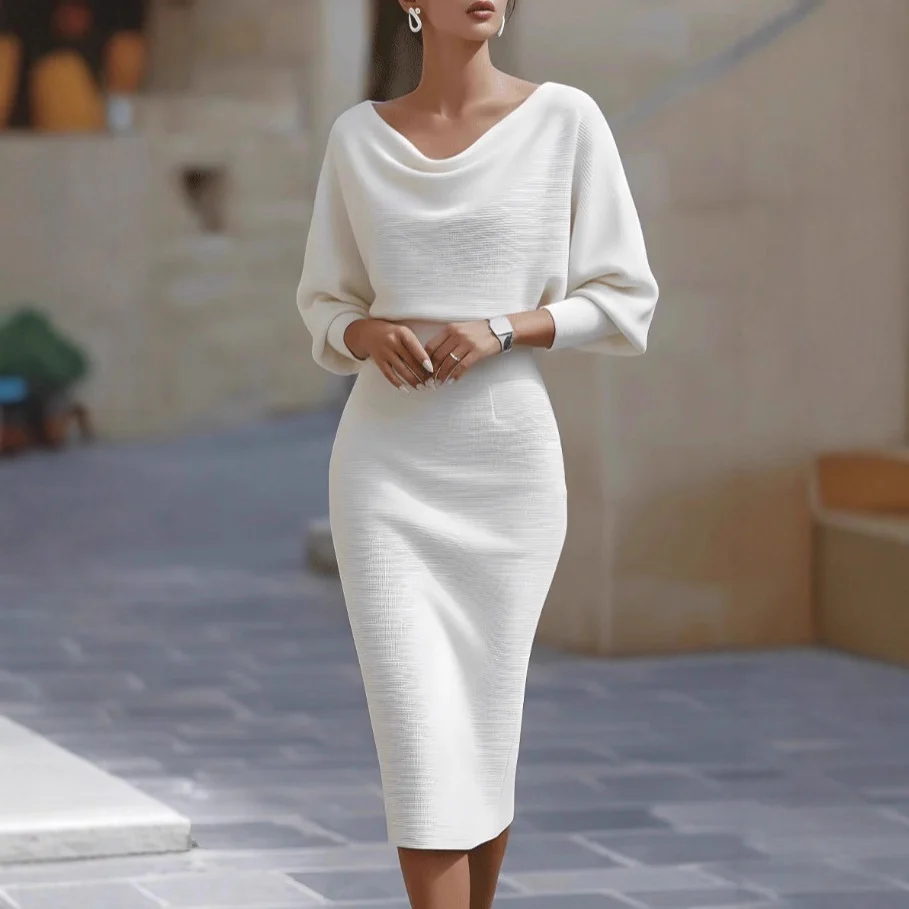 Wei?es Midi-Kleid mit drapierten Fledermaus?rmeln