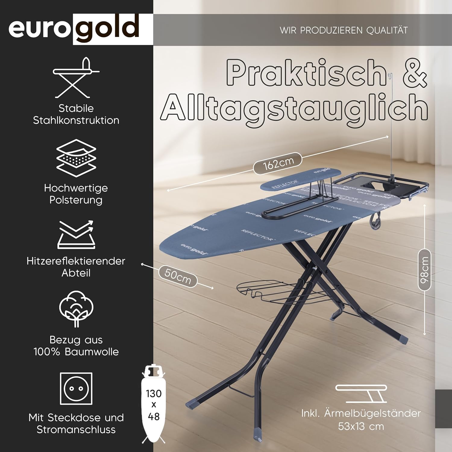 EUROGOLD Bügelbrett für Dampfbügelstation 130x48 cm – Bügelbrett XXL mit Steckdose, höhenverstellbarer Bügeltisch klappbar, mit Ärmelbrett & Bügeleisenablage, Reflektor-Bezug (Sydney Grey)