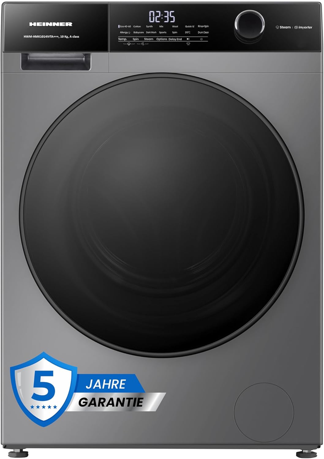 HWM-HMK1014IVTA+++ – Waschmaschine 10 kg, 1400 U/min, Inverter-Motor, 15 Programme, Touch-Display, Energieeffizienzklasse A, Grau Titan, 5 Jahre Garantie (Anthrazit, 10 KG)