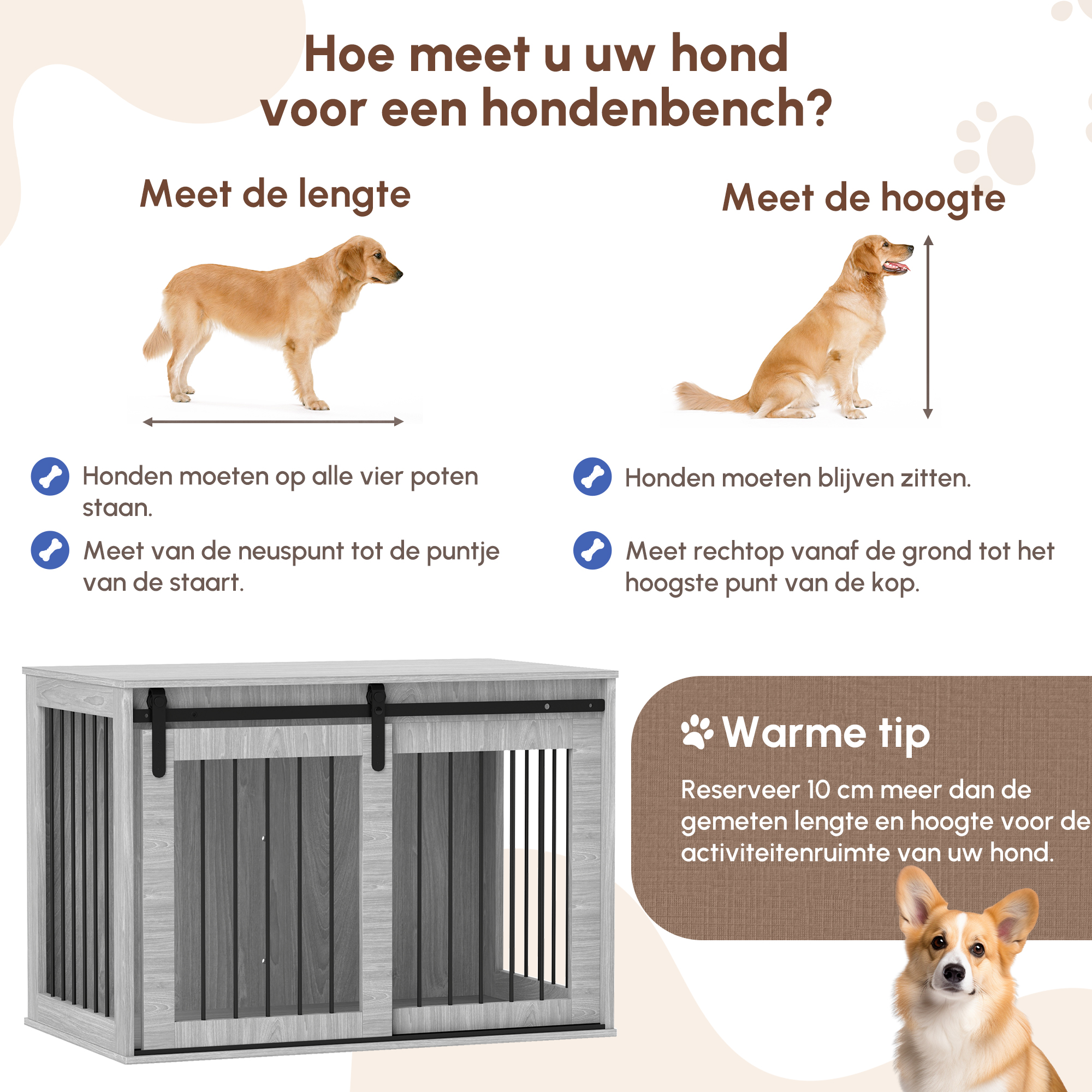 Hondenbench met schuifdeur, ventilatie, spaanplaat en staal, 98 x 58 x 61 cm, Grijs