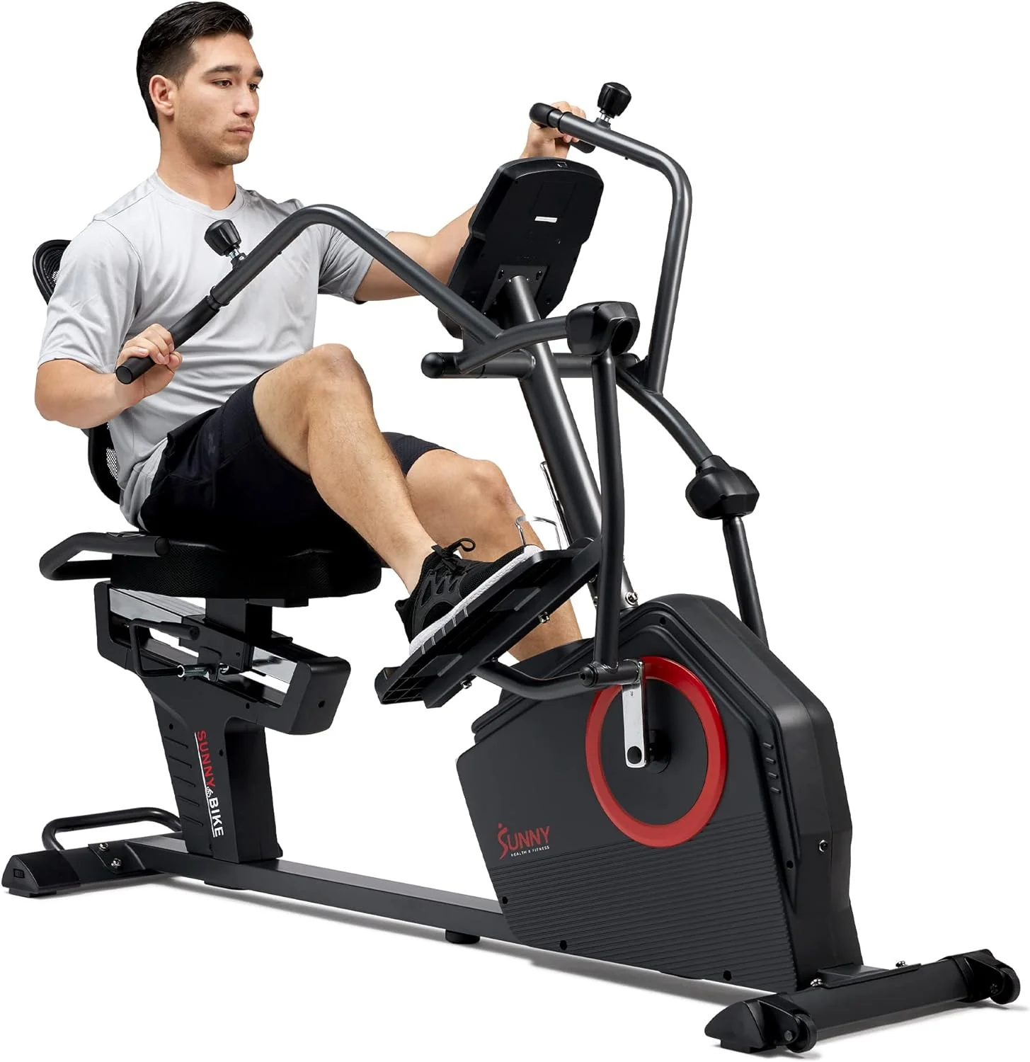 Sunny Health & Fitness Electromagnetic Recumbent Cross Trainer Exercise Elliptical Bike w/Arm Exercisers, Easy Access Seat & Exclusive SunnyFit庐 App Enhanced Bluetooth Connectivity - SF-RBE4886SMART