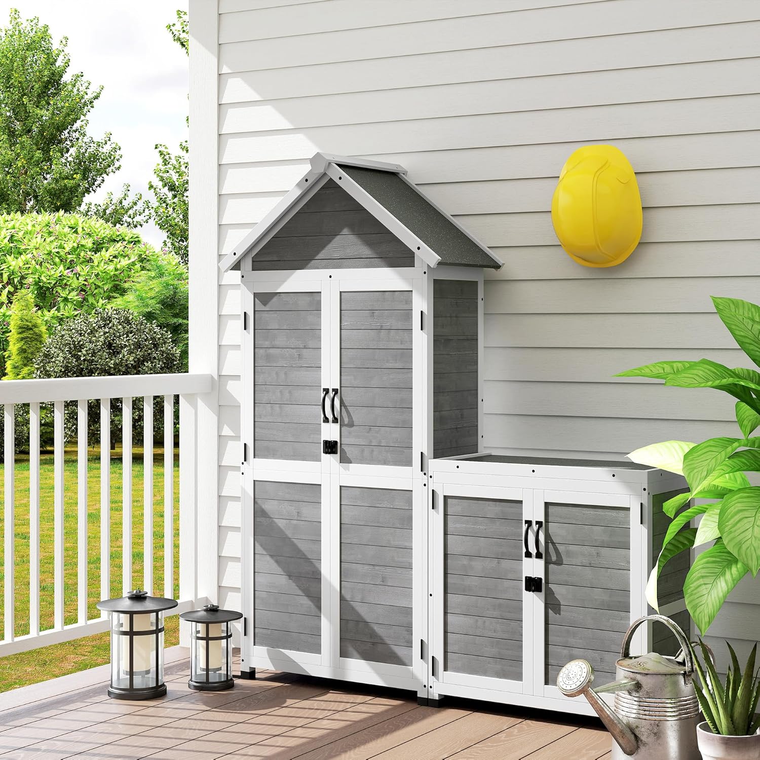 Outsunny 2 in 1 Gartenschrank Holz, Geräteschrank mit Satteldach Aufbewahrungsschrank Ablage 89x51x182cm, Gerätehaus mit Abschließbar Tür wetterfest Geräteschuppen für Terrasse, Garten, Hellgrau