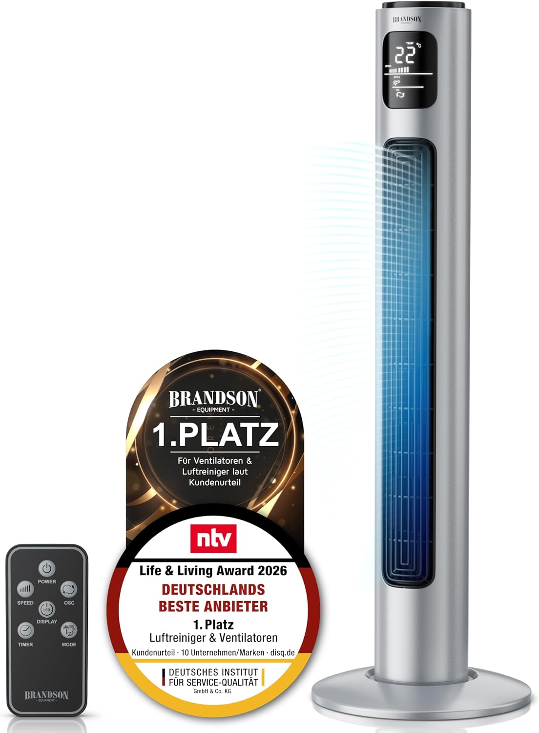 Brandson - Turmventilator mit Fernbedienung 96 cm - Preisträger 2026 - mobiler Lüfter leise - Standventilator Oszilation - 3 Geschwindigkeiten 3 Modi Timer - Ventilator mit GS - Steelsilver