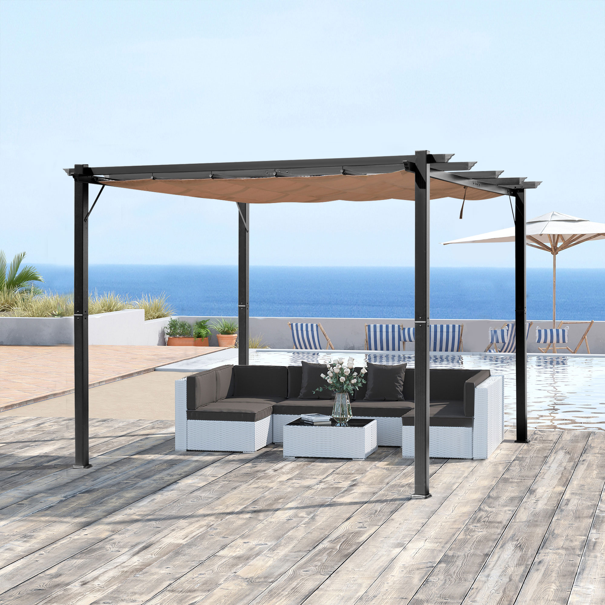 Outsunny Pergola met schaduwdoek 300x400 cm voor Party & Bloemist, Grijs + Bruin