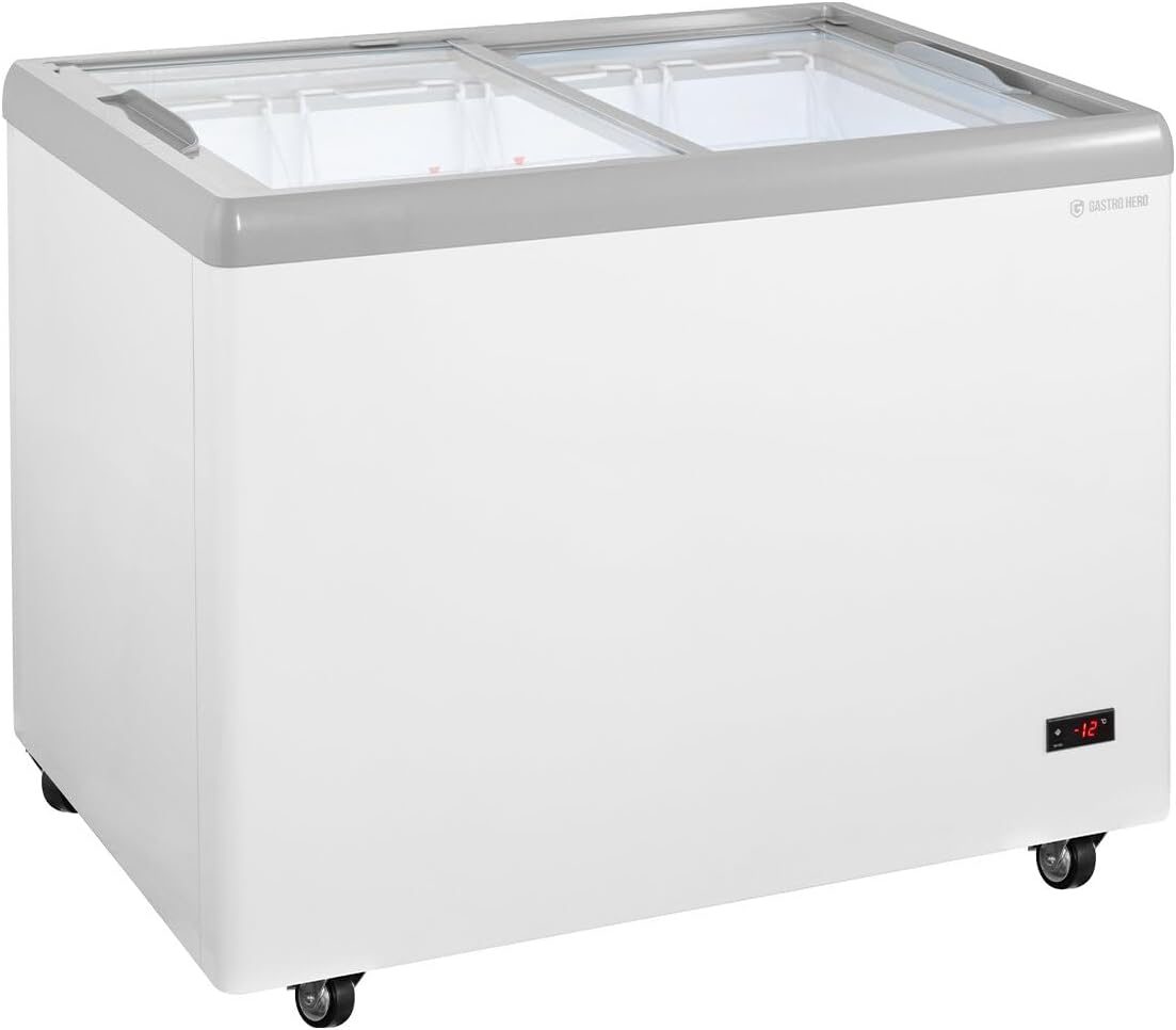 GastroHero Eiscreme Gefriertruhe 284 Liter Tiefkühltruhe LED Beleuchtung Schiebeglasdeckel Rollen Gefrierschrank Gewerbe Eis Truhe Verkauf –18 °C Gastronomie Kiosk