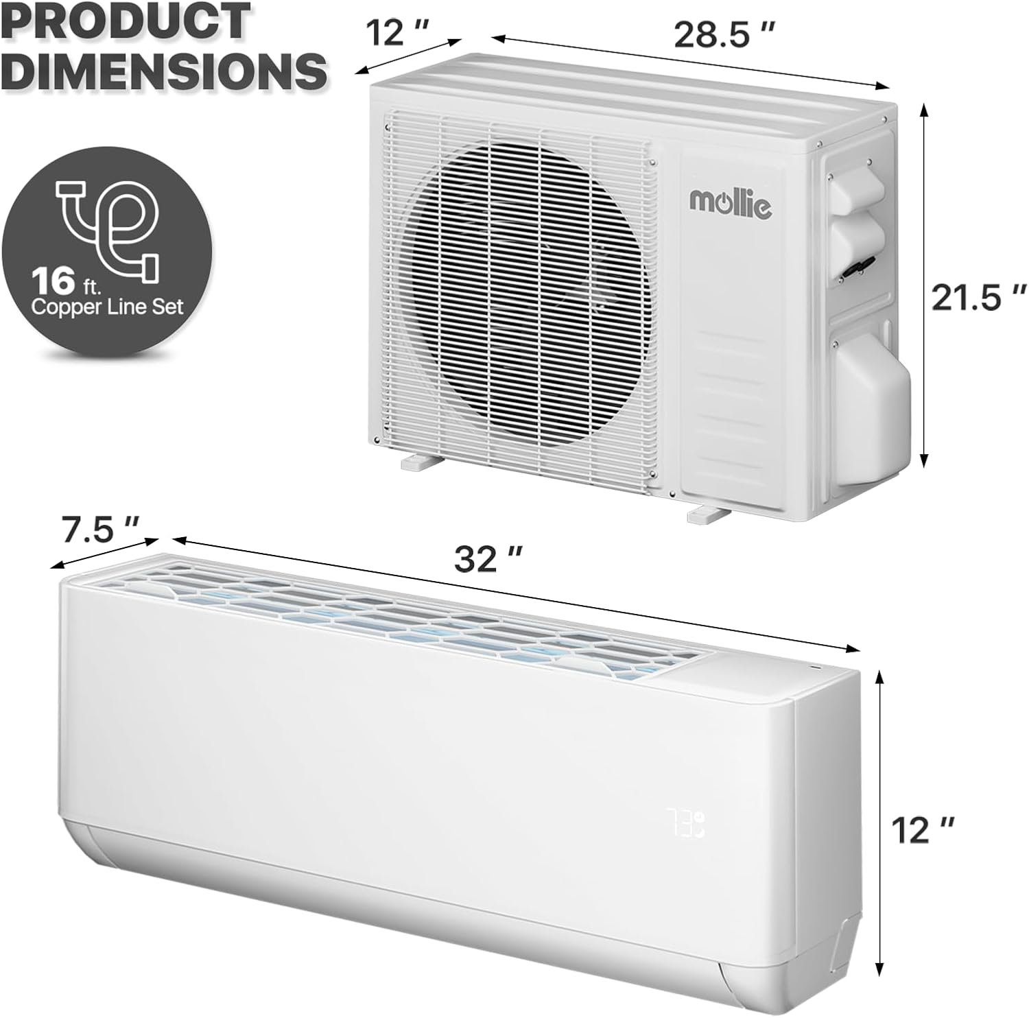 Mollie Wifi Enabled 9000 BTU Split-Klimaanlage 115V Wandmontage, Heizsystem, 22 SEER2, Wärmepumpe und waschbare Filter und Anlagen - kühlt Räume bis zu