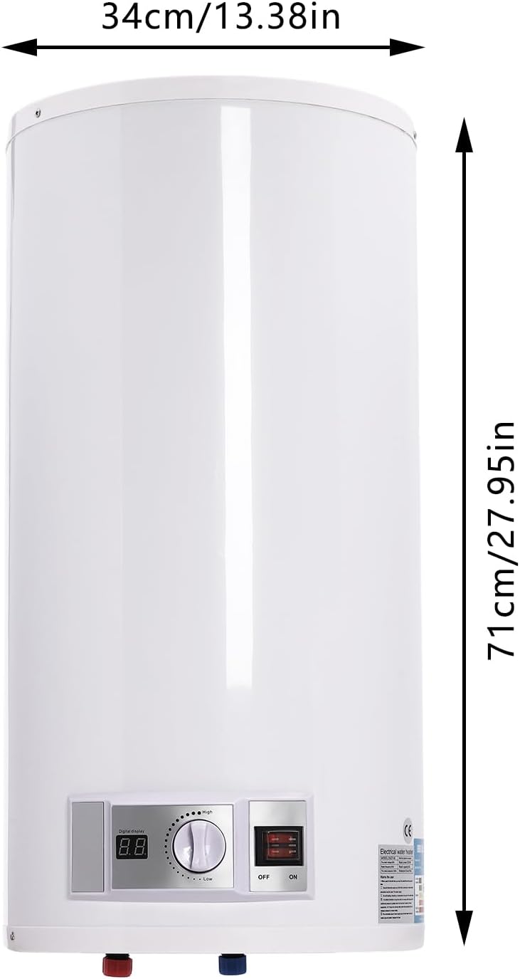 EU 50L Elektronischer Warmwasserbereiter, Durchlauferhitzer mit Temperaturanzeigefeld und Leckage-Schutz, Elektrischer Wassererhitzer bis 75℃ mit Handbrause Wasserhahn für Küchen Toiletten, 71 * 34cm