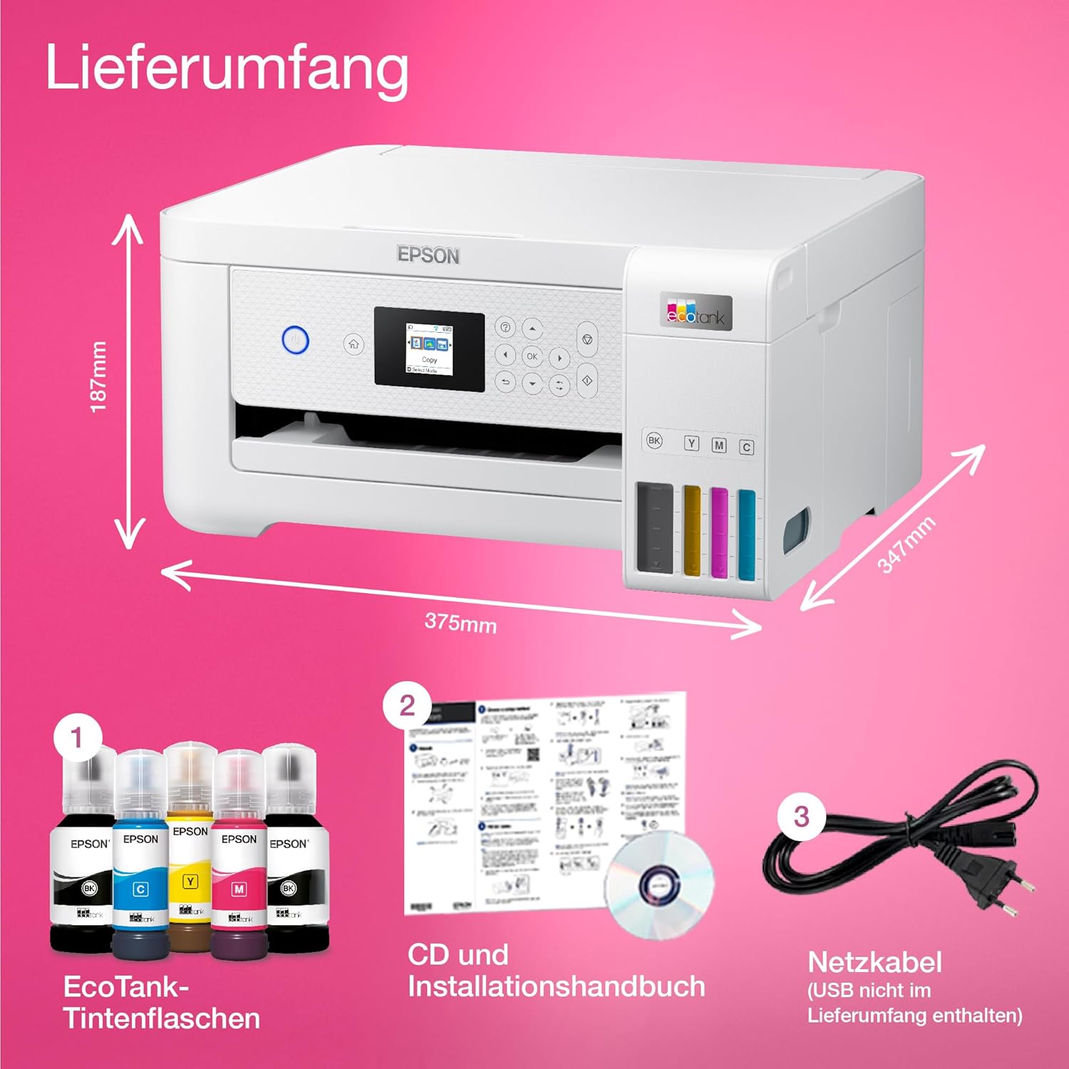 Epson EcoTank ET-2826 A4-Multifunktions-Wi-Fi-Tintentankdrucker, mit einem im Lieferumfang enthaltenen Vorrat an Tinten bis zu 3 Jahren