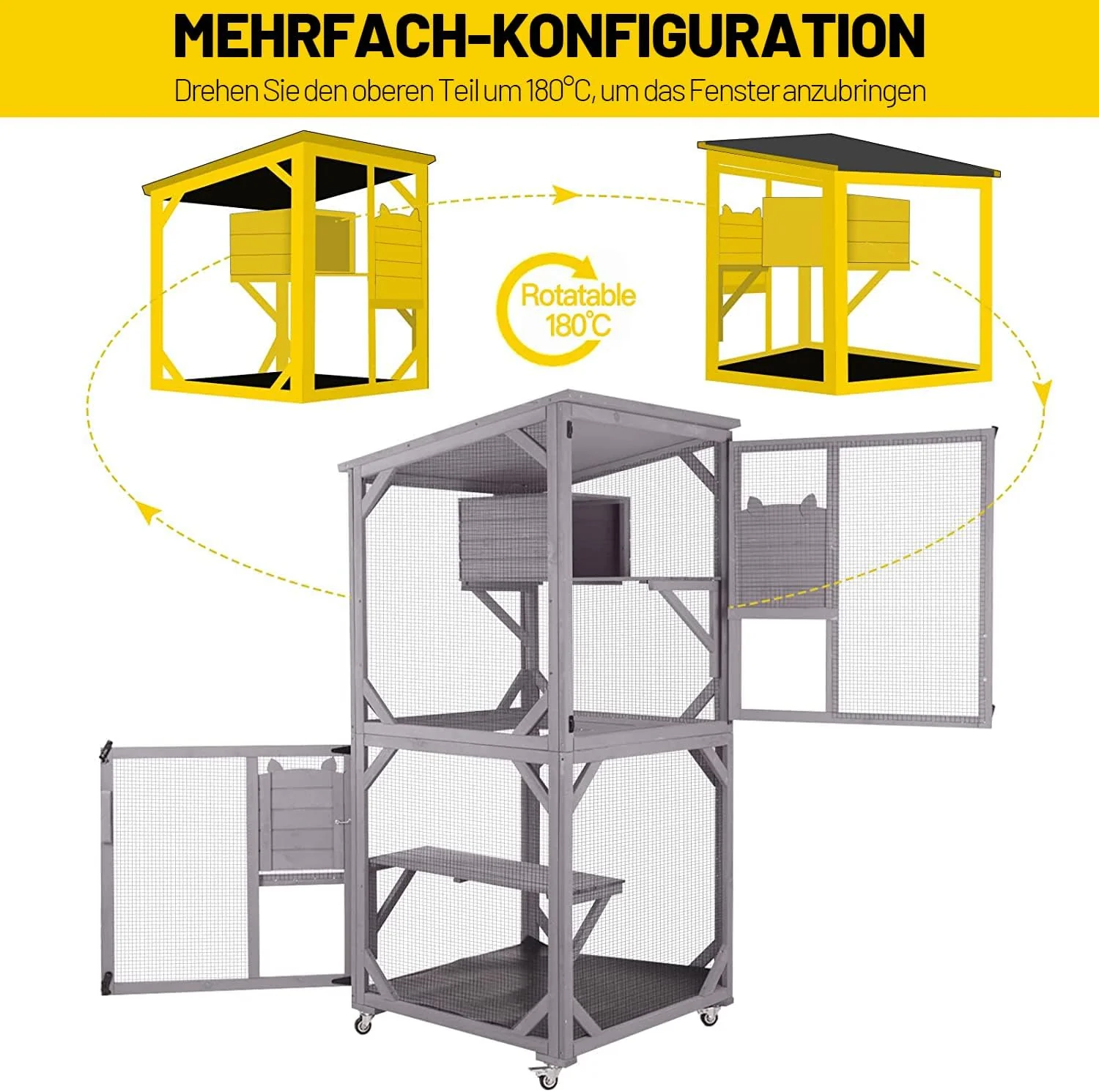 Kattenhuis Outdoor Catio Kitty Omheining met Super Grote Toegangsdeur, Houten Kattenkooi Condo Indoor Box met Platforms en Klein Huis