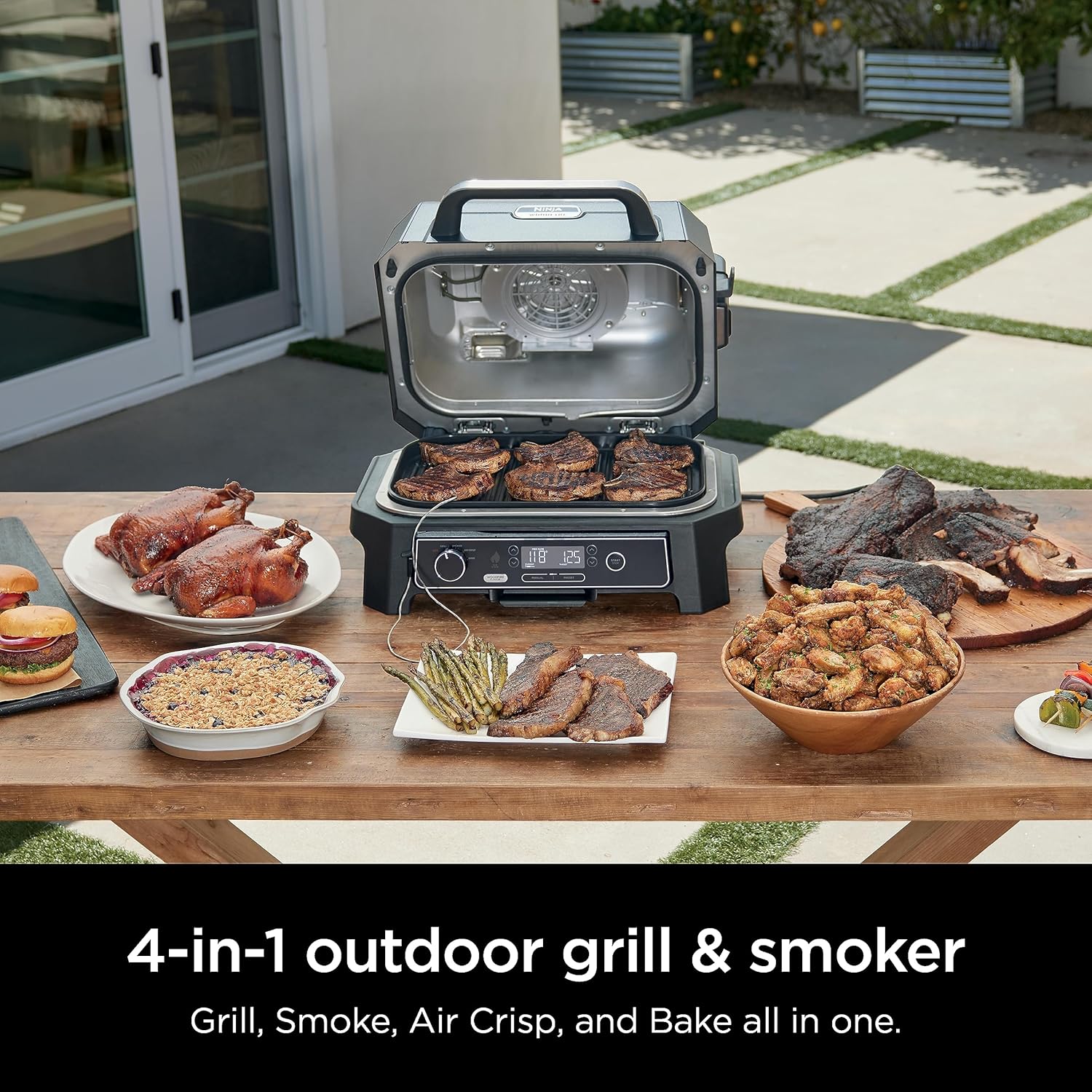 Grill i wędzarnia zewnętrzna Ninja Woodfire Pro XL 2025, termometr, grill Master 4 w 1, wędzarnia BBQ, frytkownica powietrzna na zewnątrz, piekarnik, przenośny, grill elektryczny, ciemnoszary, model OG850