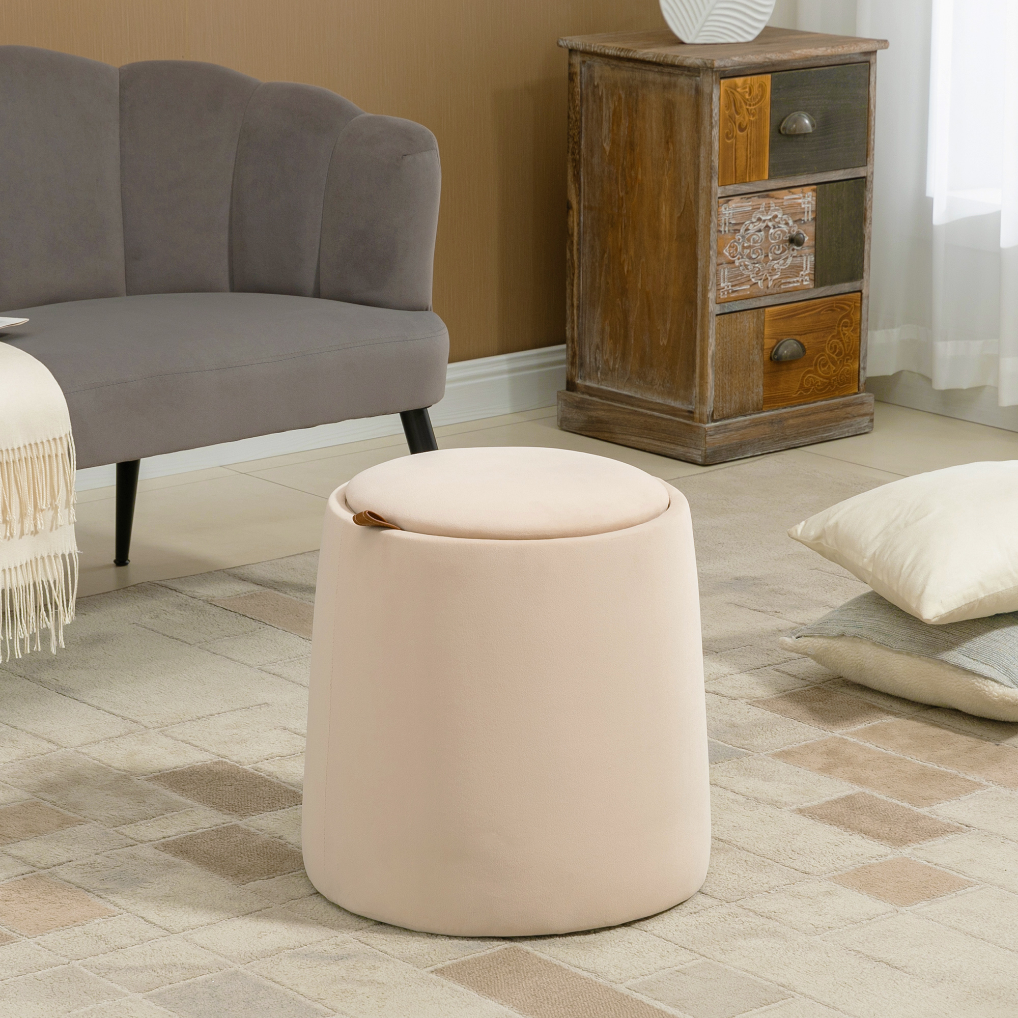 2-in-1 Ottomaanse kruk, ronde gestoffeerde kruk, voetenbank met opbergruimte, afneembaar deksel in fluweellook, bijzettafel voor woonkamer, slaapkamer, beige, ?44 cm x 47,5 cm