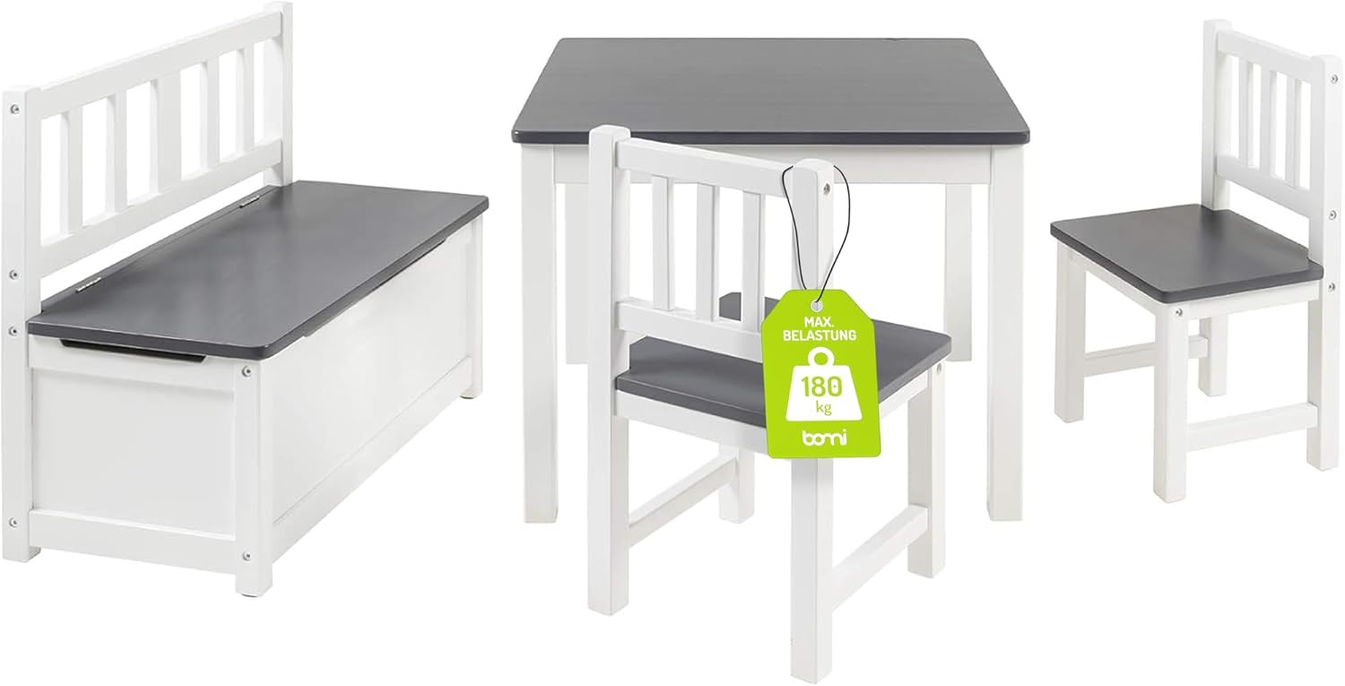 Bomi Kindersitzgruppe Anna mit integrierter Spielzeugkiste | Kinderzimmer-Set inkl. Kindertisch mit 2 Stühlen & Kindertruhenbank | Kindermöbel aus FSC nachhaltigem Kiefern Massiv Holz | Weiß Grau
