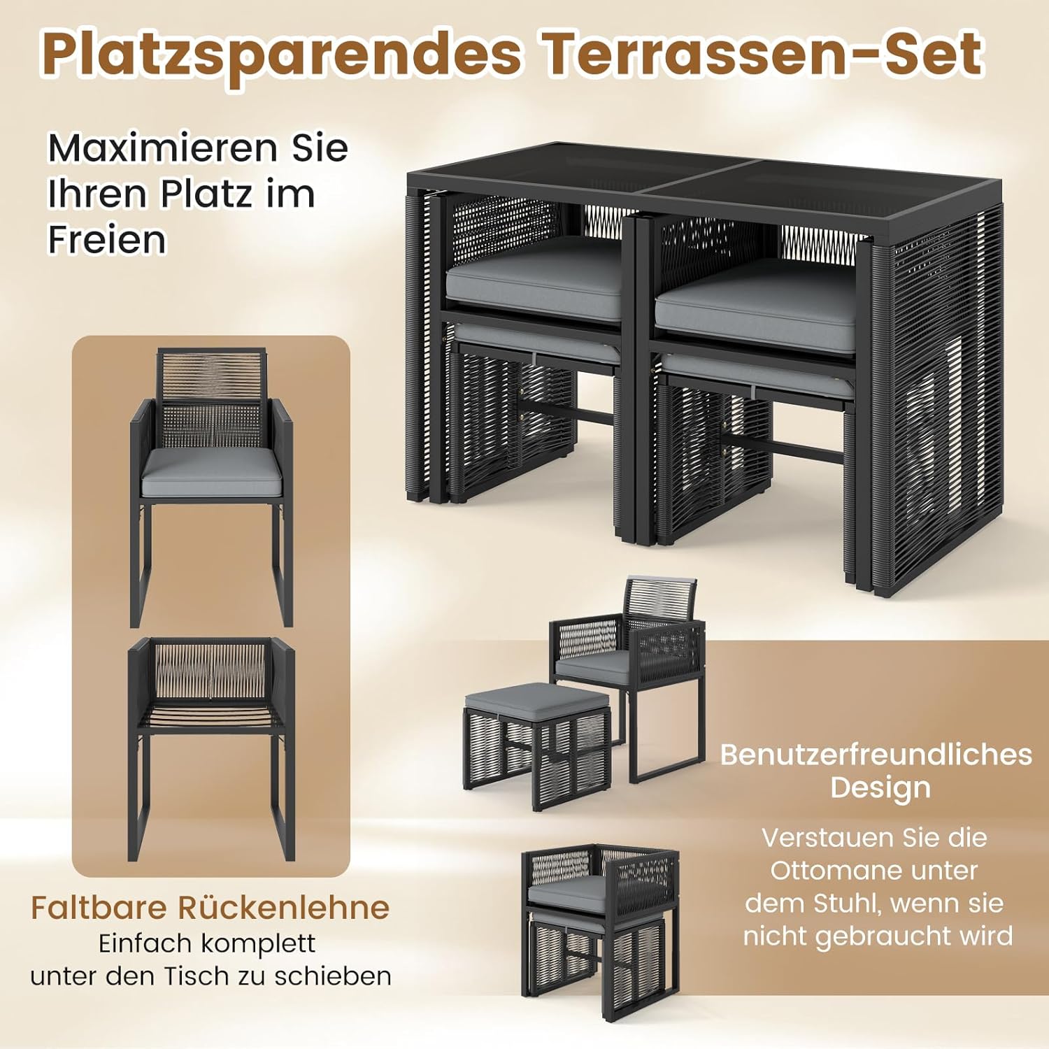 COSTWAY 5tlg. Rattan Gartenmöbel Set, Balkonmöbel, Balkonset inkl. 2 Stühle mit Kissen, Hocker & Tisch, Terrassenmöbel, platzsparendes Gartenset mit klappbarer Rückenlehne, Sitzgruppe für Garten