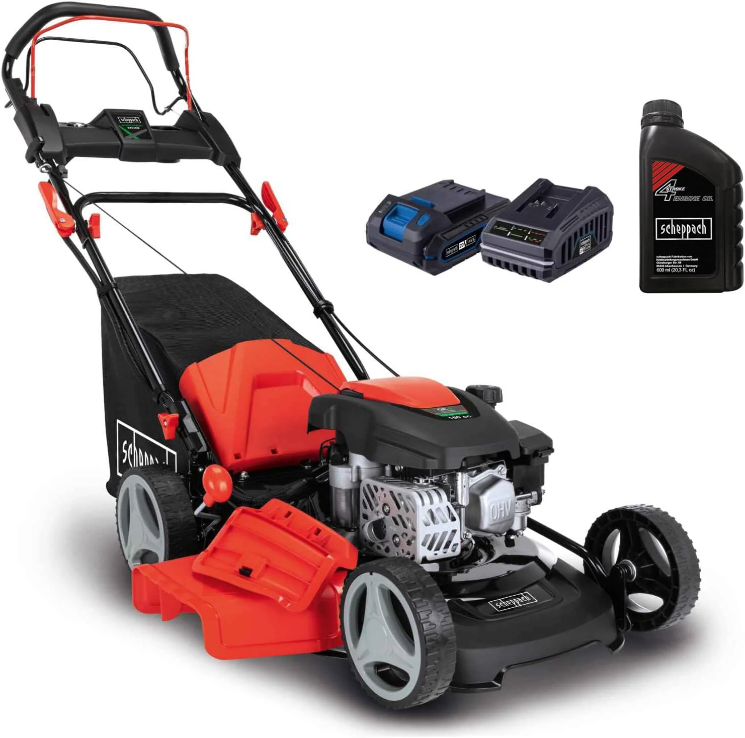 Scheppach MS150-46E Benzine Grasmaaier met E-Start | 46cm maaibreedte | Reinigingsfunctie | 55 liter opvangbak | Stalen behuizing | 7-traps hoogteverstelling | Mulchfunctie | Wiel aandrijving | Zij-uitworp