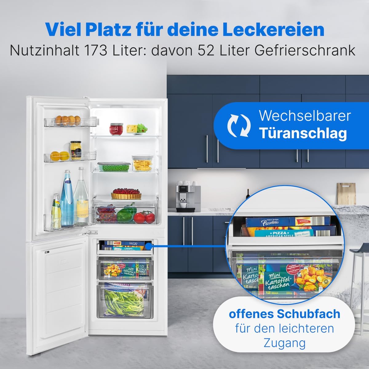 Bomann® Kühlschrank mit Gefrierfach 143cm hoch | Kühl Gefrierkombination 173L mit 3 Ablagen & 3 Schubladen | Türanschlag wechselbar | leise Kühlgefrierkombi 40db | Kühlschrank | KG 7331 weiß