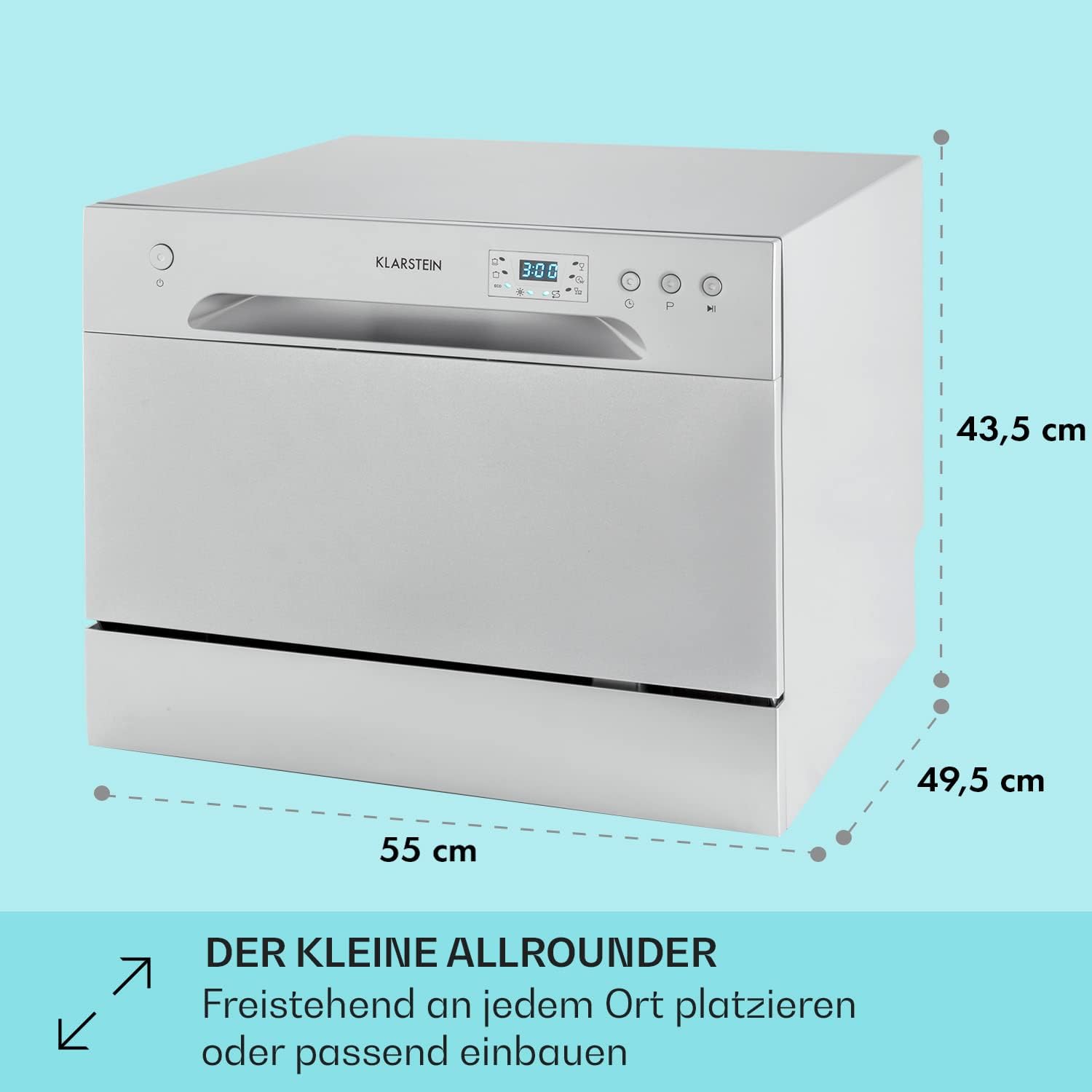 Klarstein  ia 8 - Spülmaschine, Geschirrspüler, Freistehend, Teilintegriert, F, 55 cm breit, 8 Maßgedecke, 6 Programme, Aquastop, silber